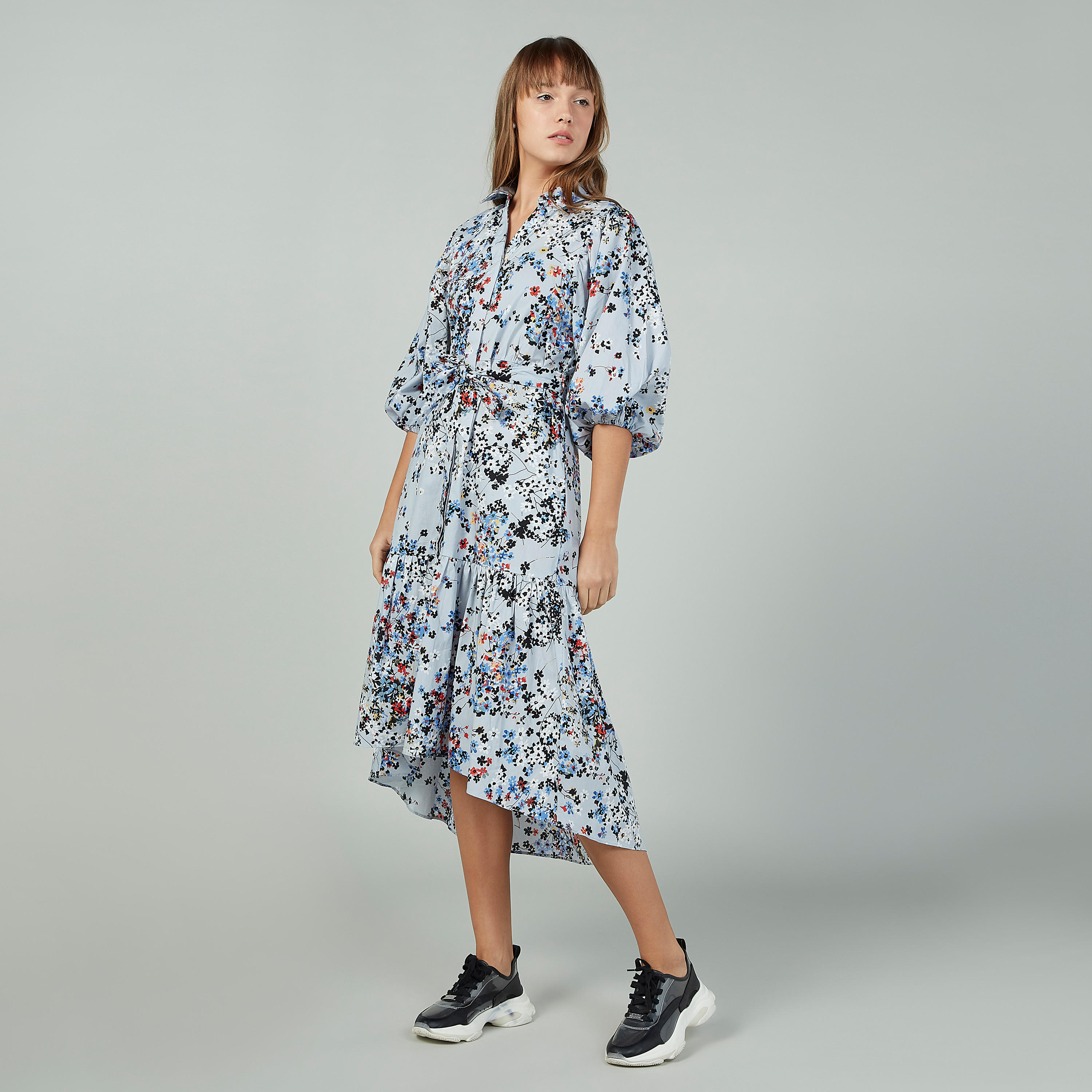 فستان متوسط الطول بأكمام 3/4 وحواف غير مستوية وطبعات زهرية-women-clothing-dresses-image-5