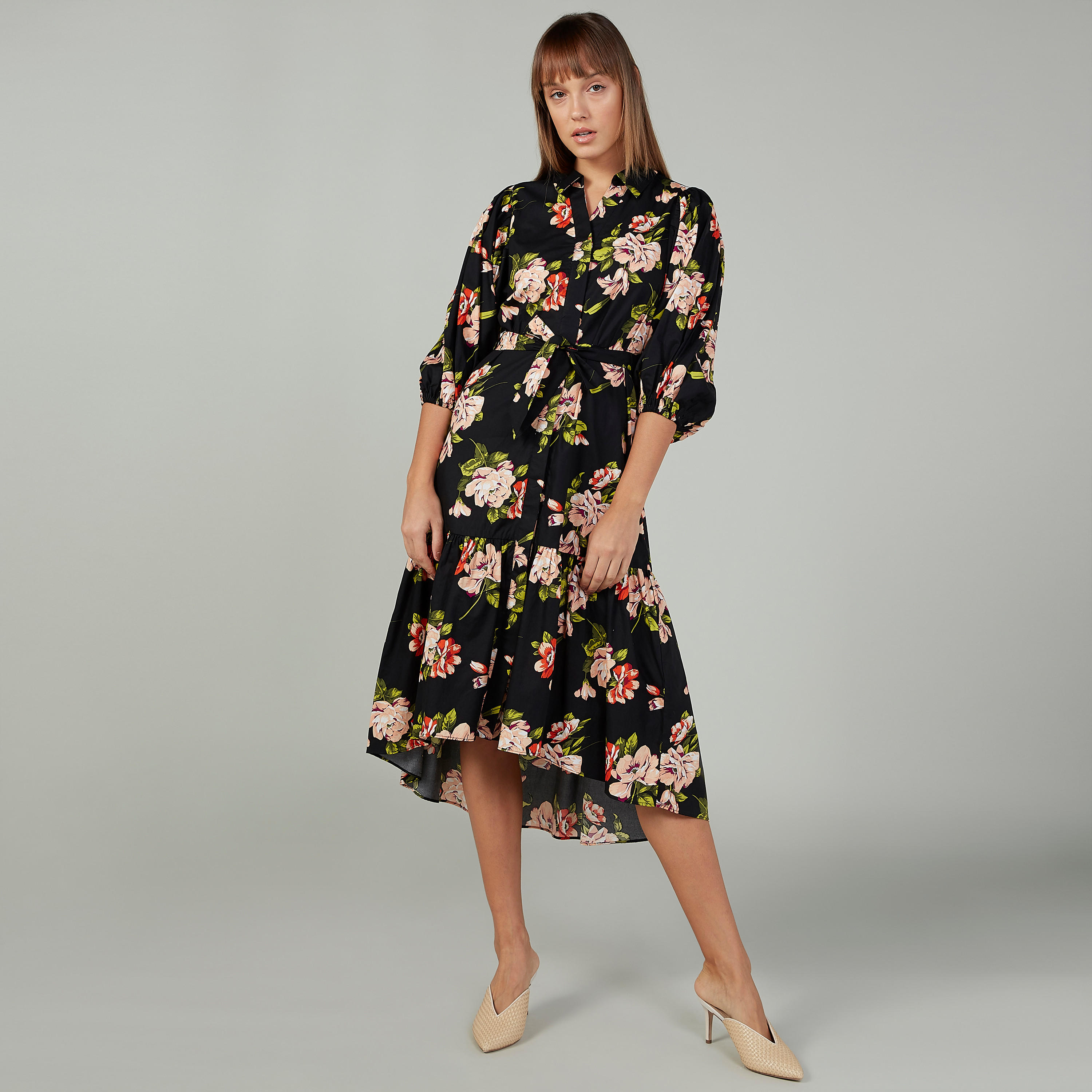 فستان متوسط الطول بحواف غير مستوية بأكمام بيشوب وأربطة وطبعات زهرية-women-clothing-dresses-image-1