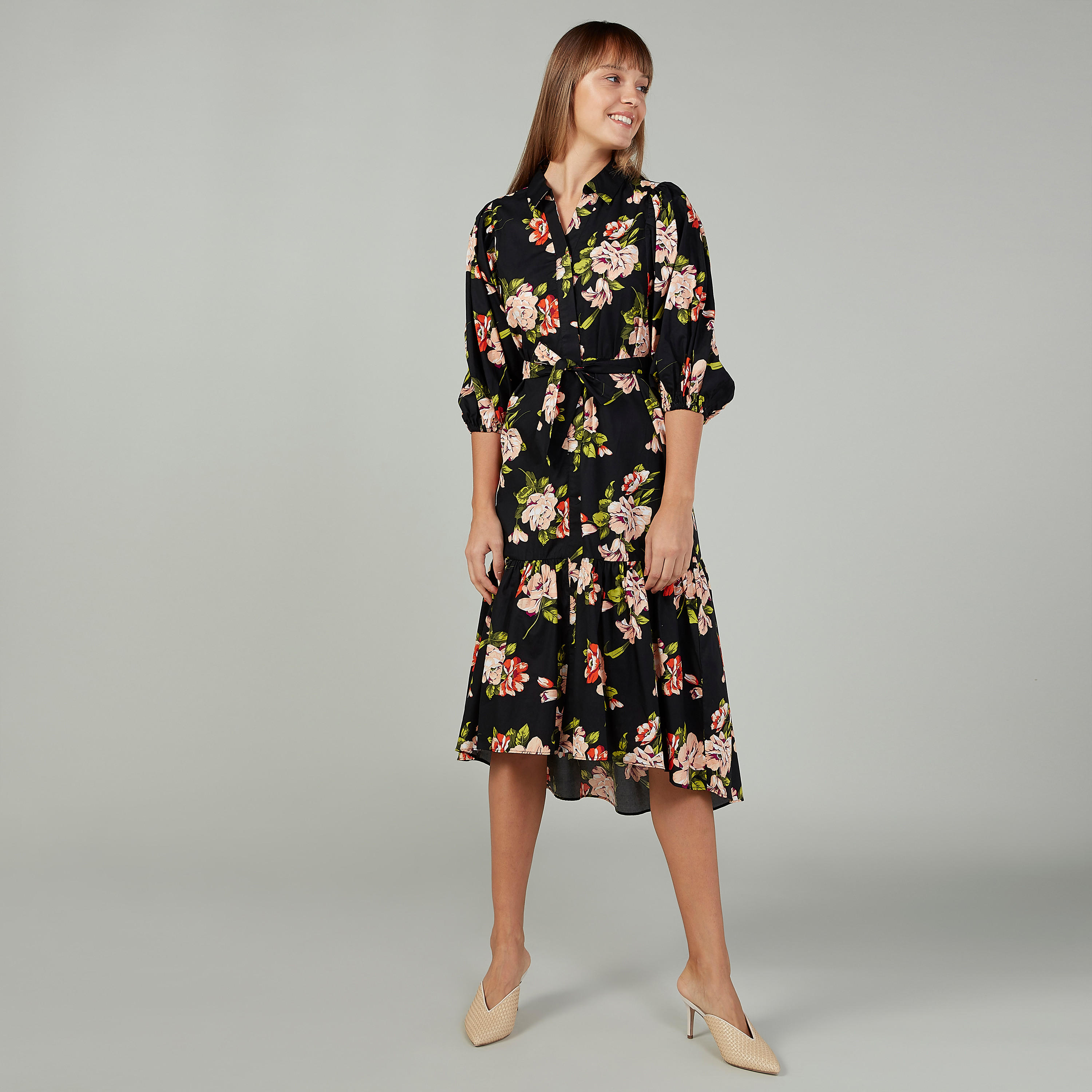 فستان متوسط الطول بحواف غير مستوية بأكمام بيشوب وأربطة وطبعات زهرية-women-clothing-dresses-image-2