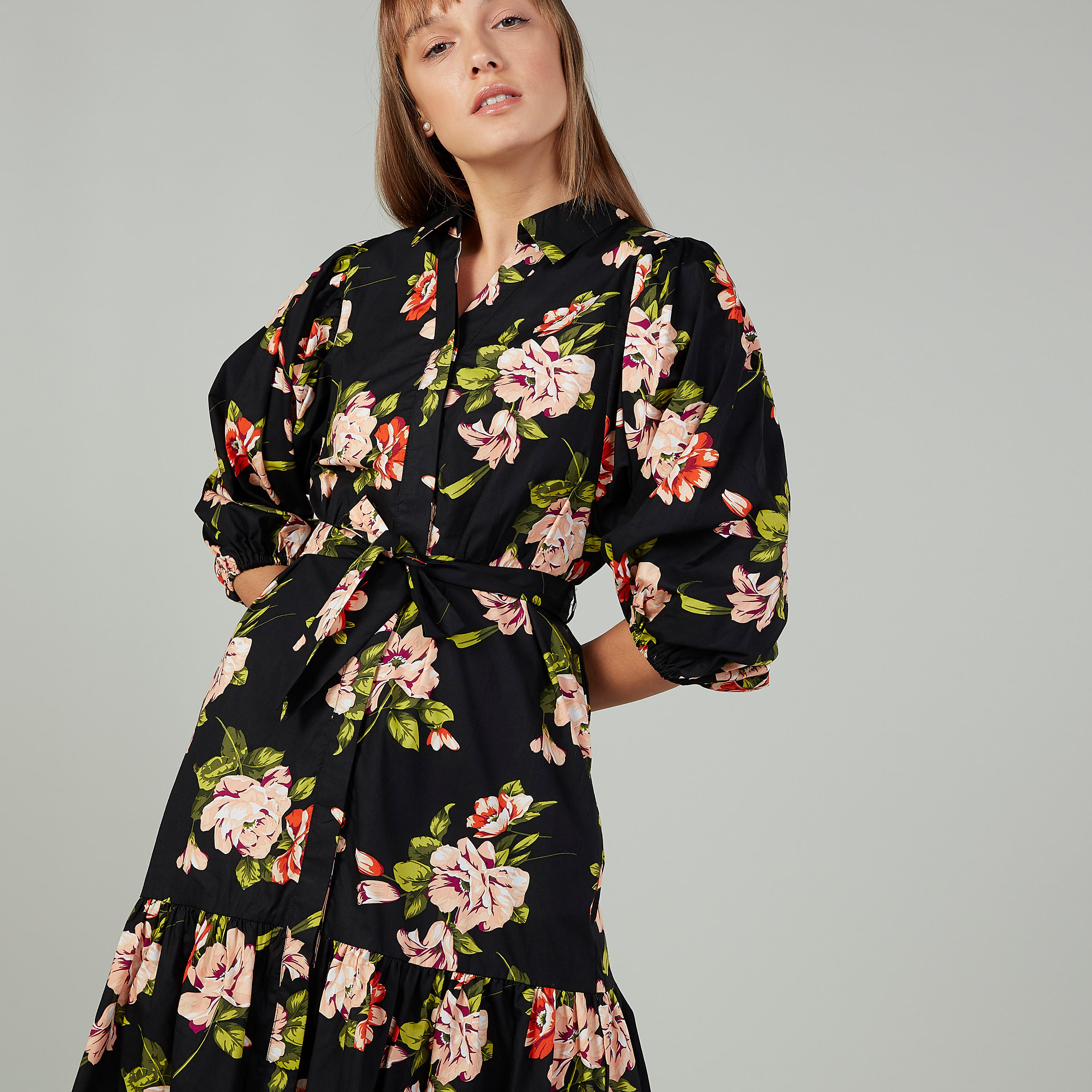 فستان متوسط الطول بحواف غير مستوية بأكمام بيشوب وأربطة وطبعات زهرية-women-clothing-dresses-image-3