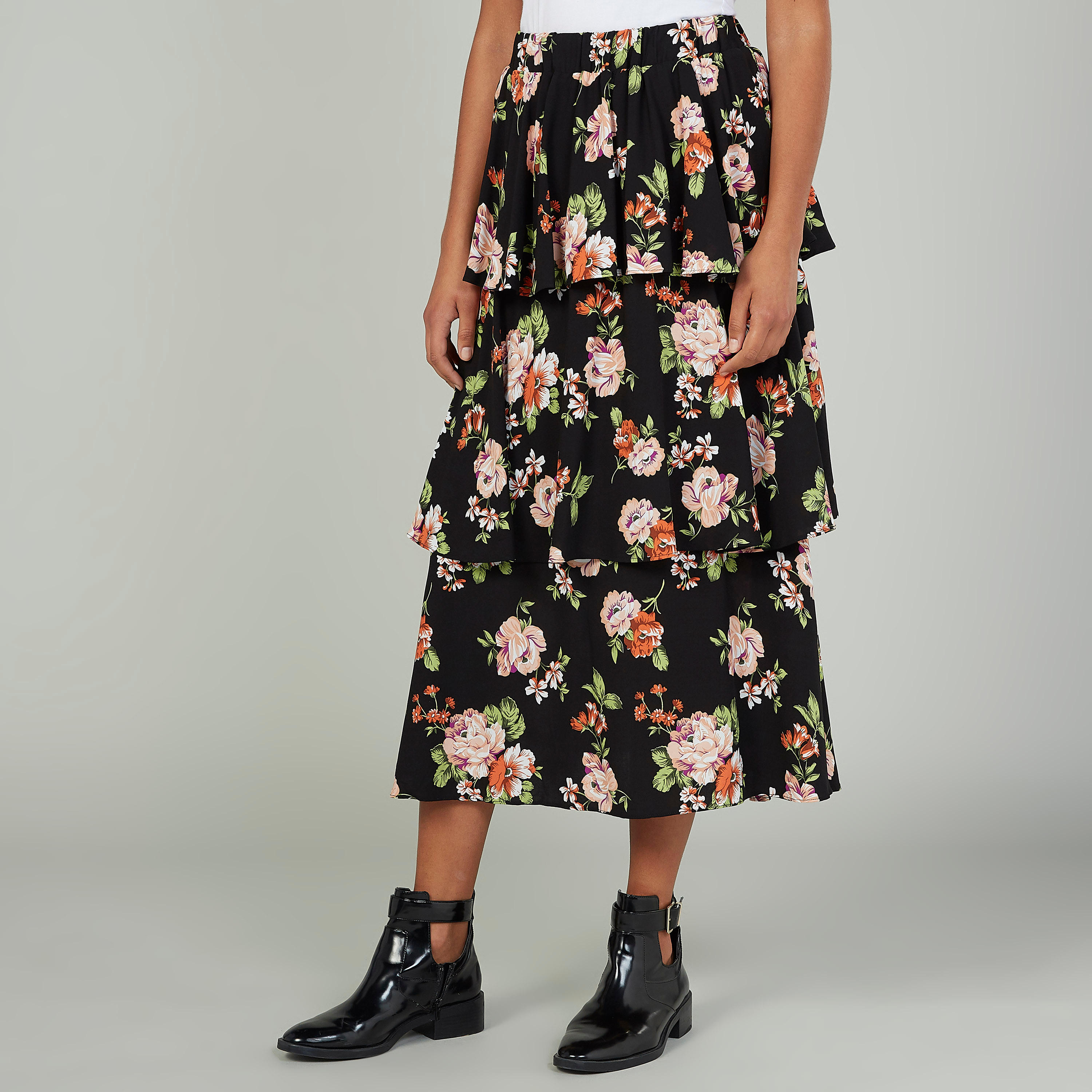 تنورة إيه لاين متوسطة الطول بخصر مطّاطي وطبعات زهرية-women-clothing-bottoms-skirts-image-1