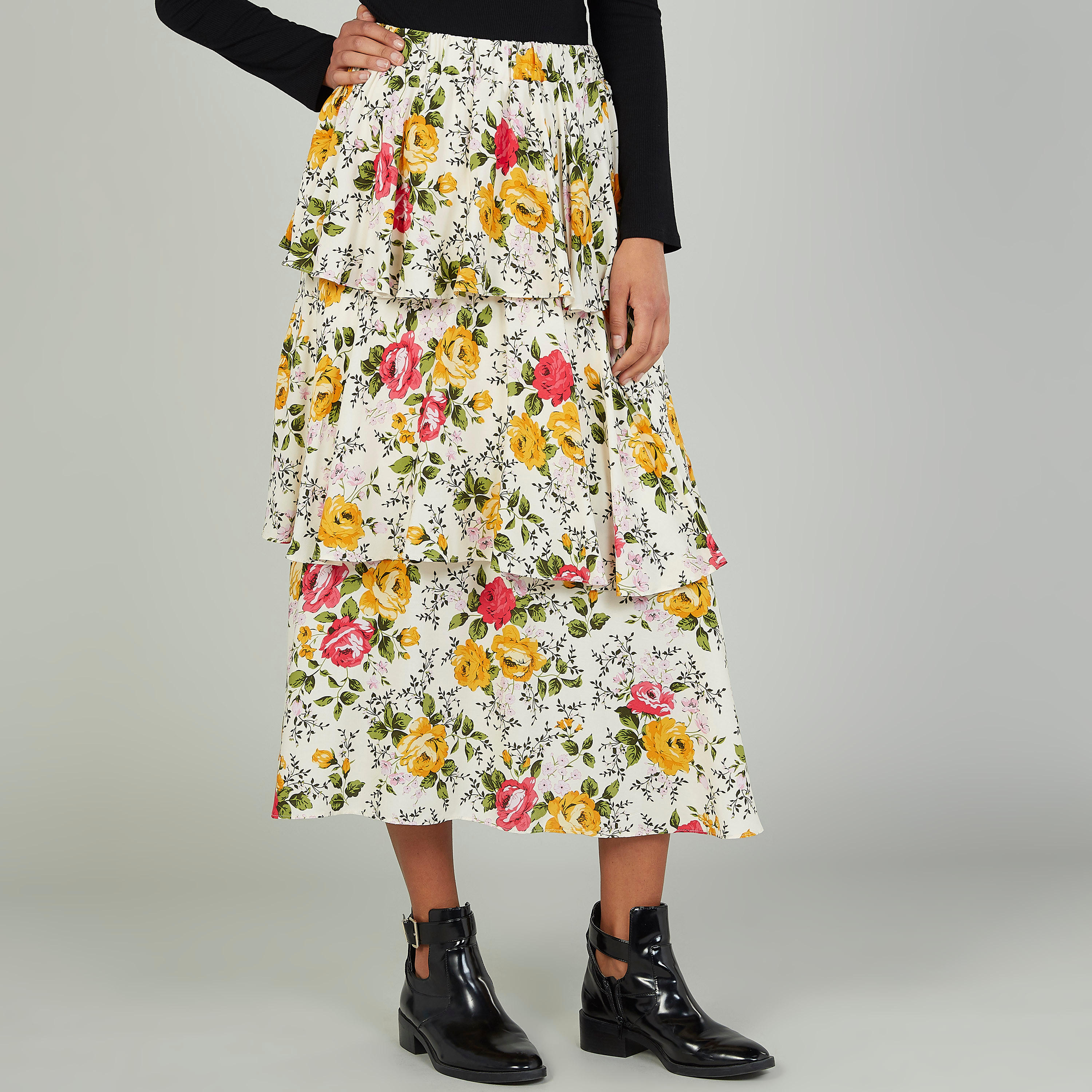 تنورة إيه لاين ميدي بخصر مطّاطي وطبعات أزهار-women-clothing-bottoms-skirts-image-1