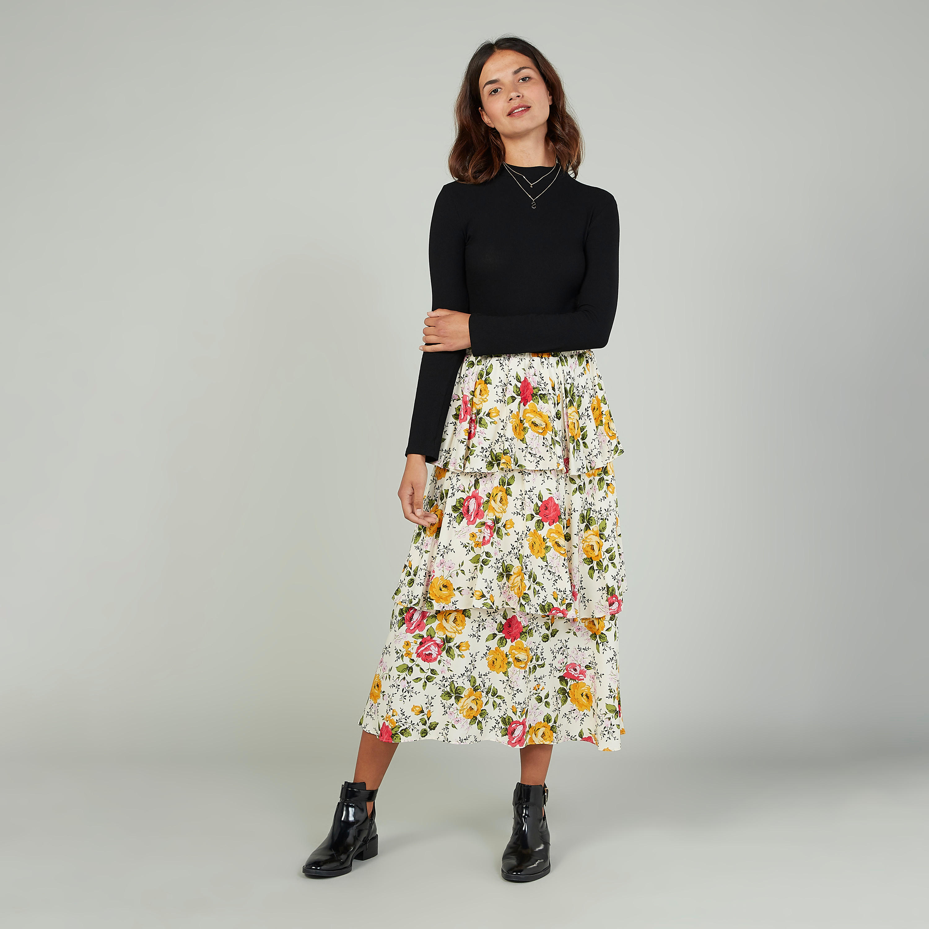 تنورة إيه لاين ميدي بخصر مطّاطي وطبعات أزهار-women-clothing-bottoms-skirts-image-2