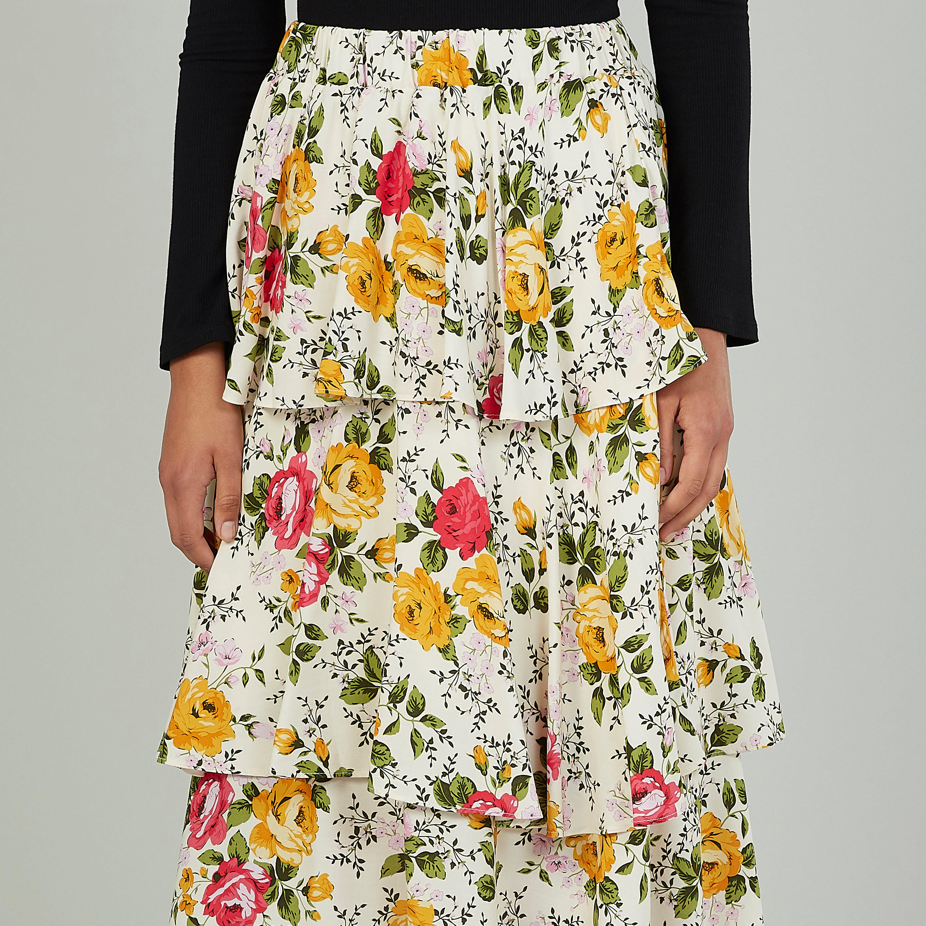 تنورة إيه لاين ميدي بخصر مطّاطي وطبعات أزهار-women-clothing-bottoms-skirts-image-3