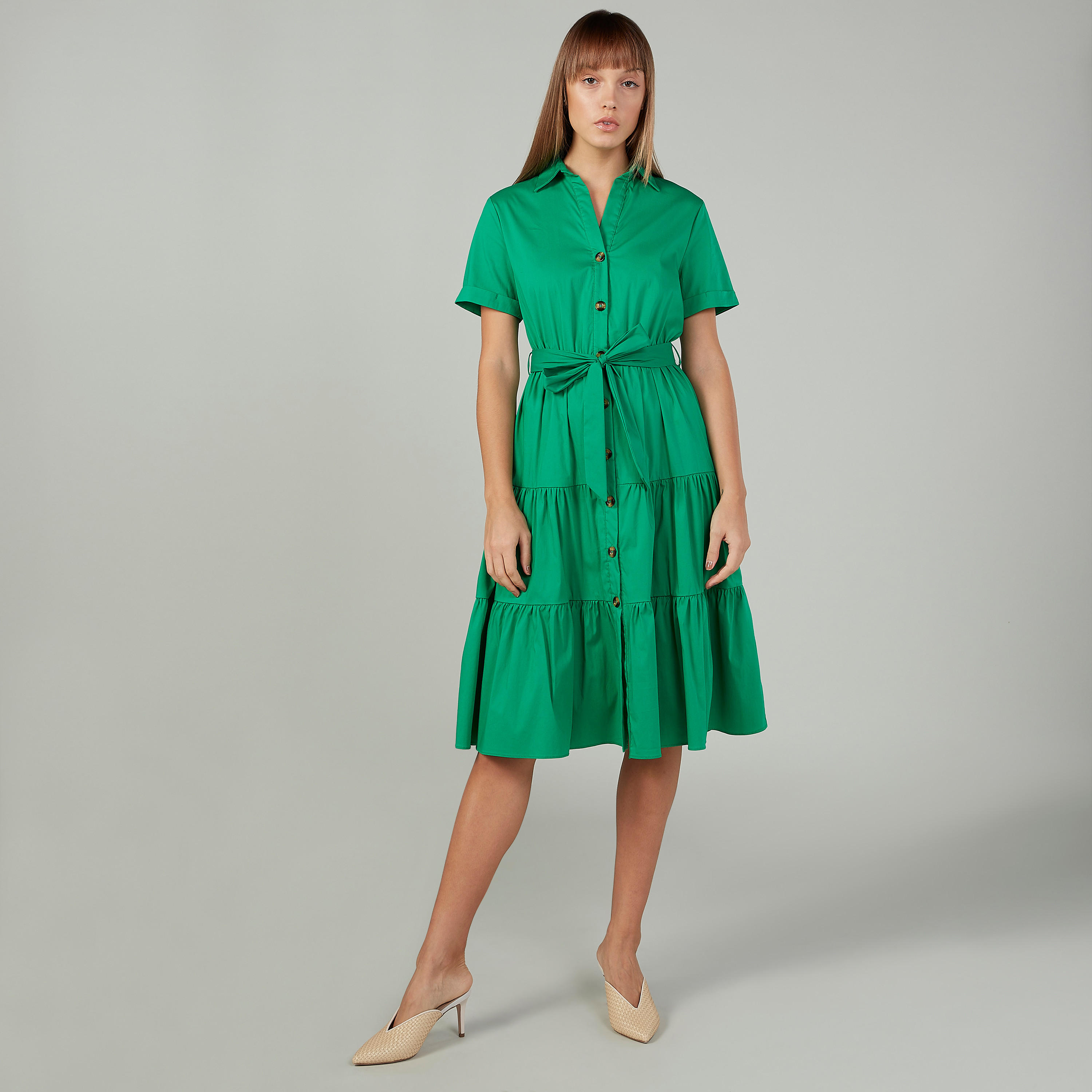 فستان ميدي إيه لاين سادة بأكمام قصيرة وأربطة-women-clothing-dresses-image-1