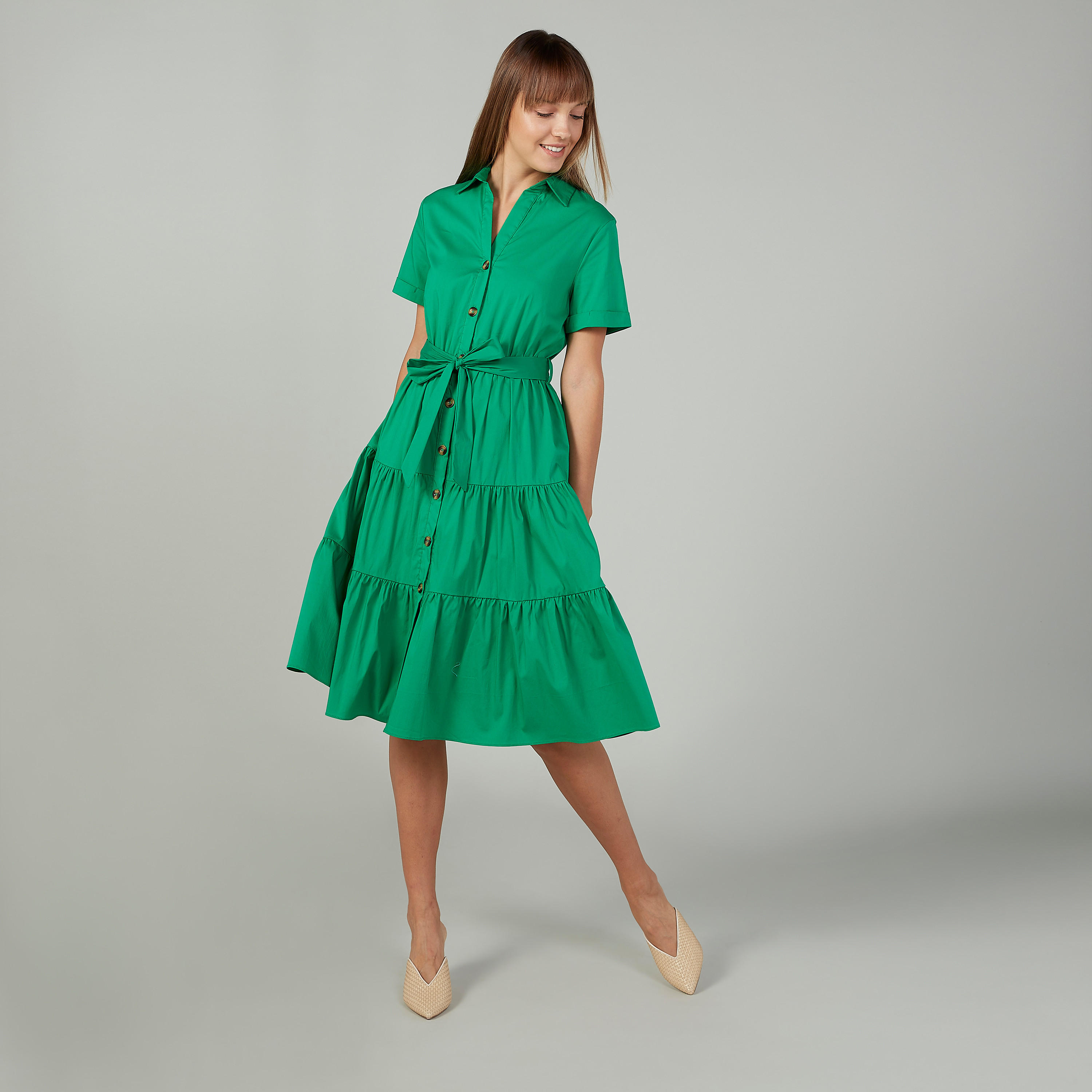 فستان ميدي إيه لاين سادة بأكمام قصيرة وأربطة-women-clothing-dresses-image-2