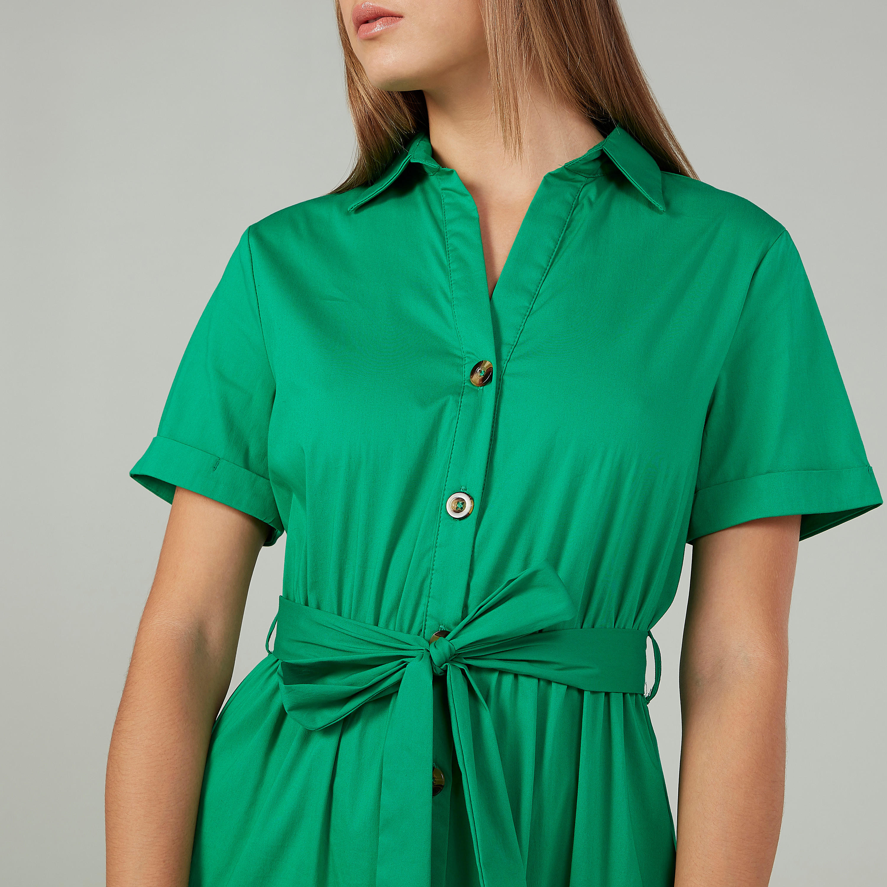 فستان ميدي إيه لاين سادة بأكمام قصيرة وأربطة-women-clothing-dresses-image-3