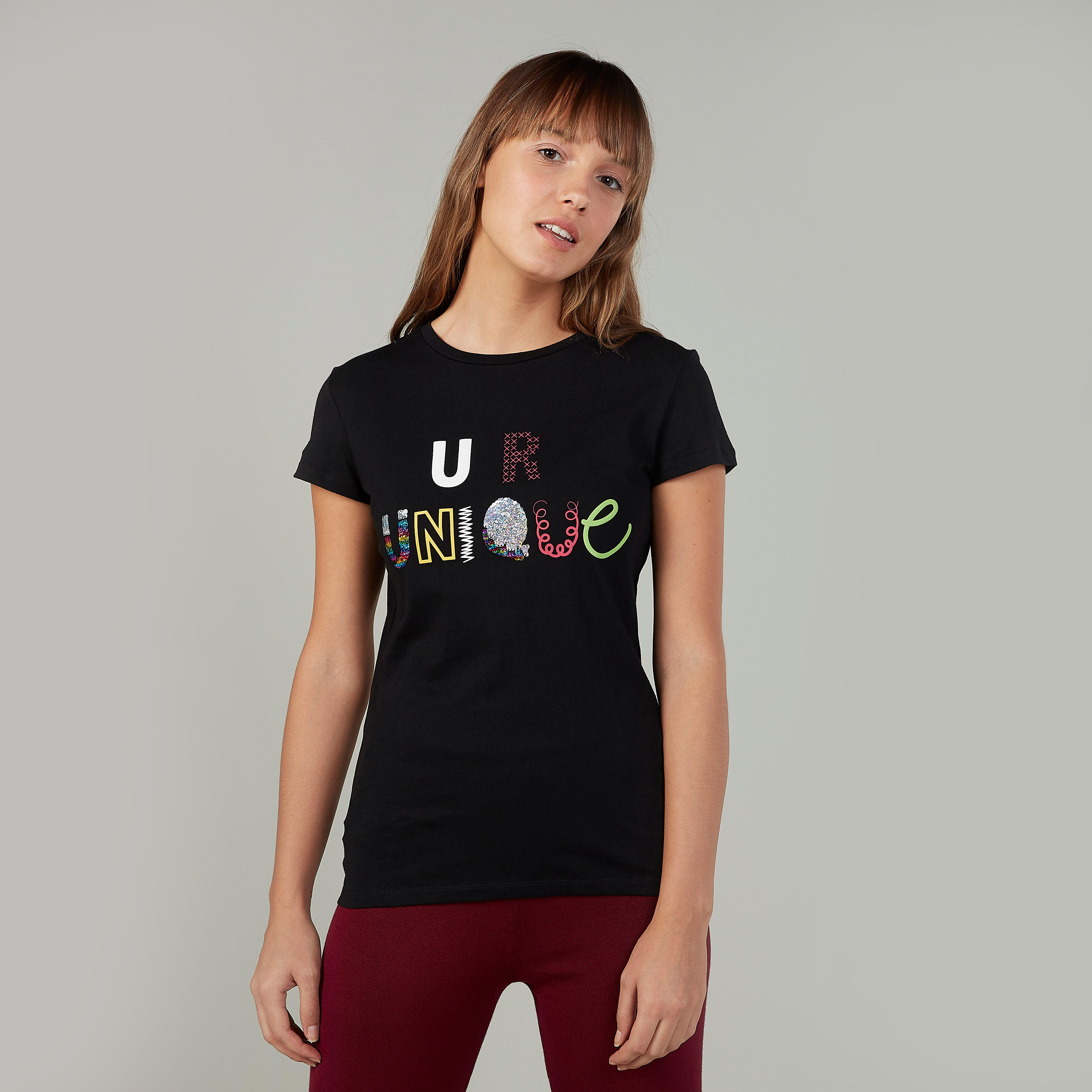 Printed T-shirt with Crew Neck and Sequin Detail-women-clothing-tshirts-image-1