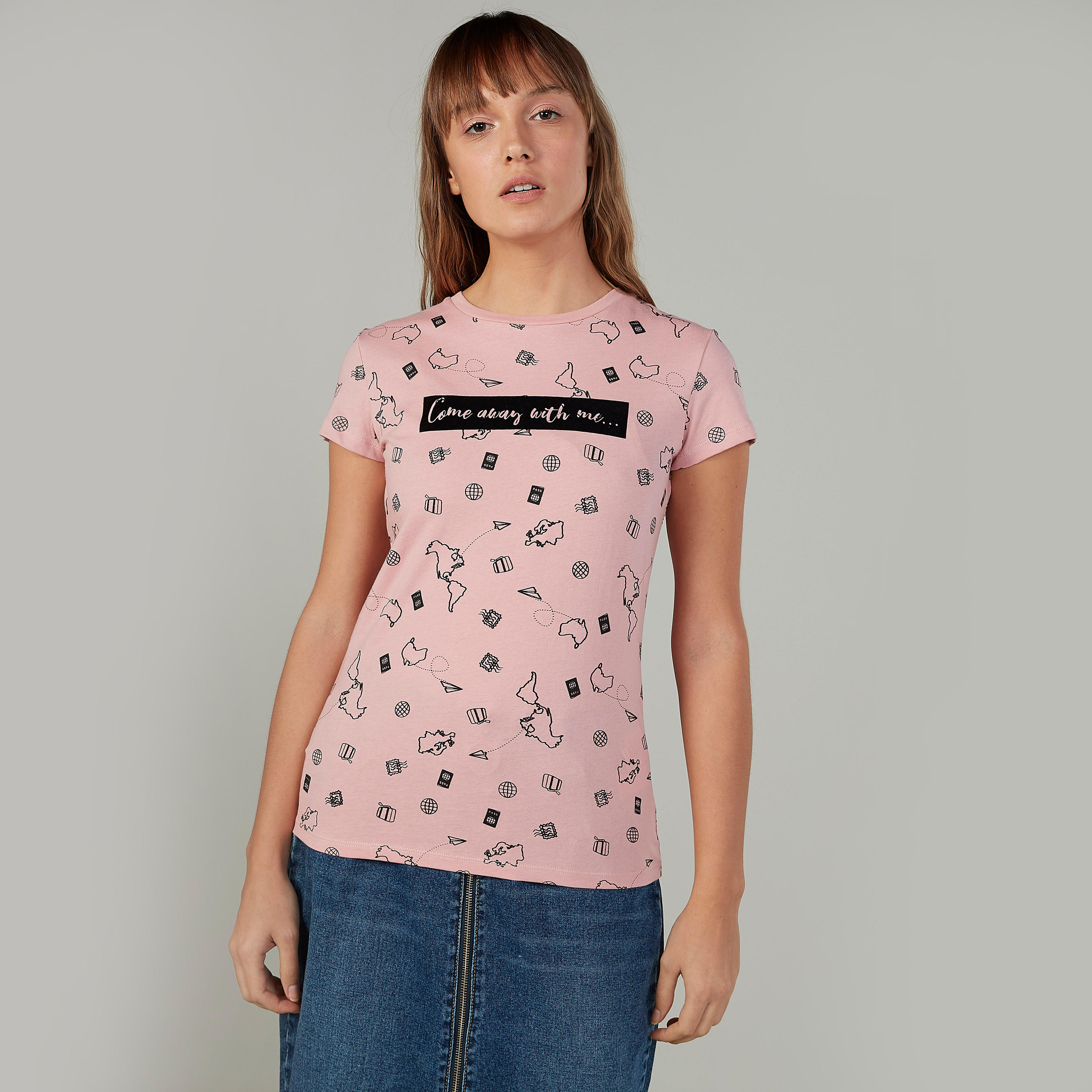 Printed Crew Neck T-shirt with Short Sleeves-women-clothing-tshirts-image-1