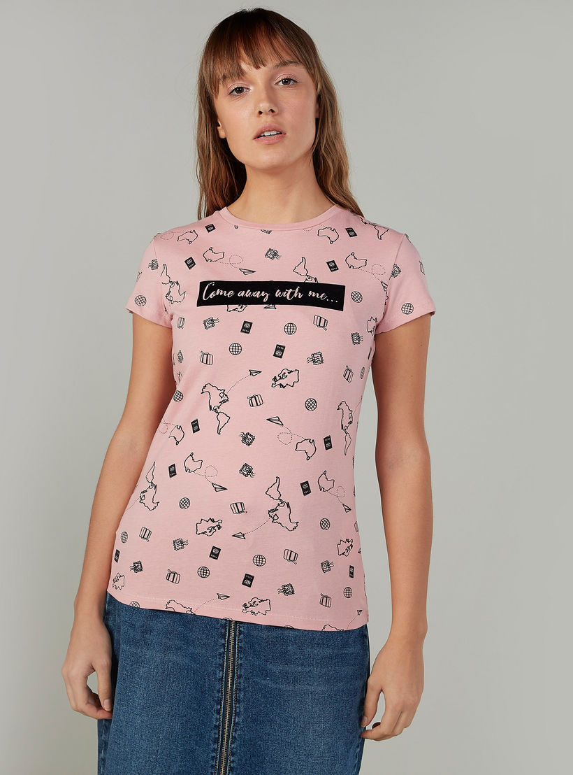 Printed Crew Neck T-shirt with Short Sleeves-women-clothing-tshirts-image-1