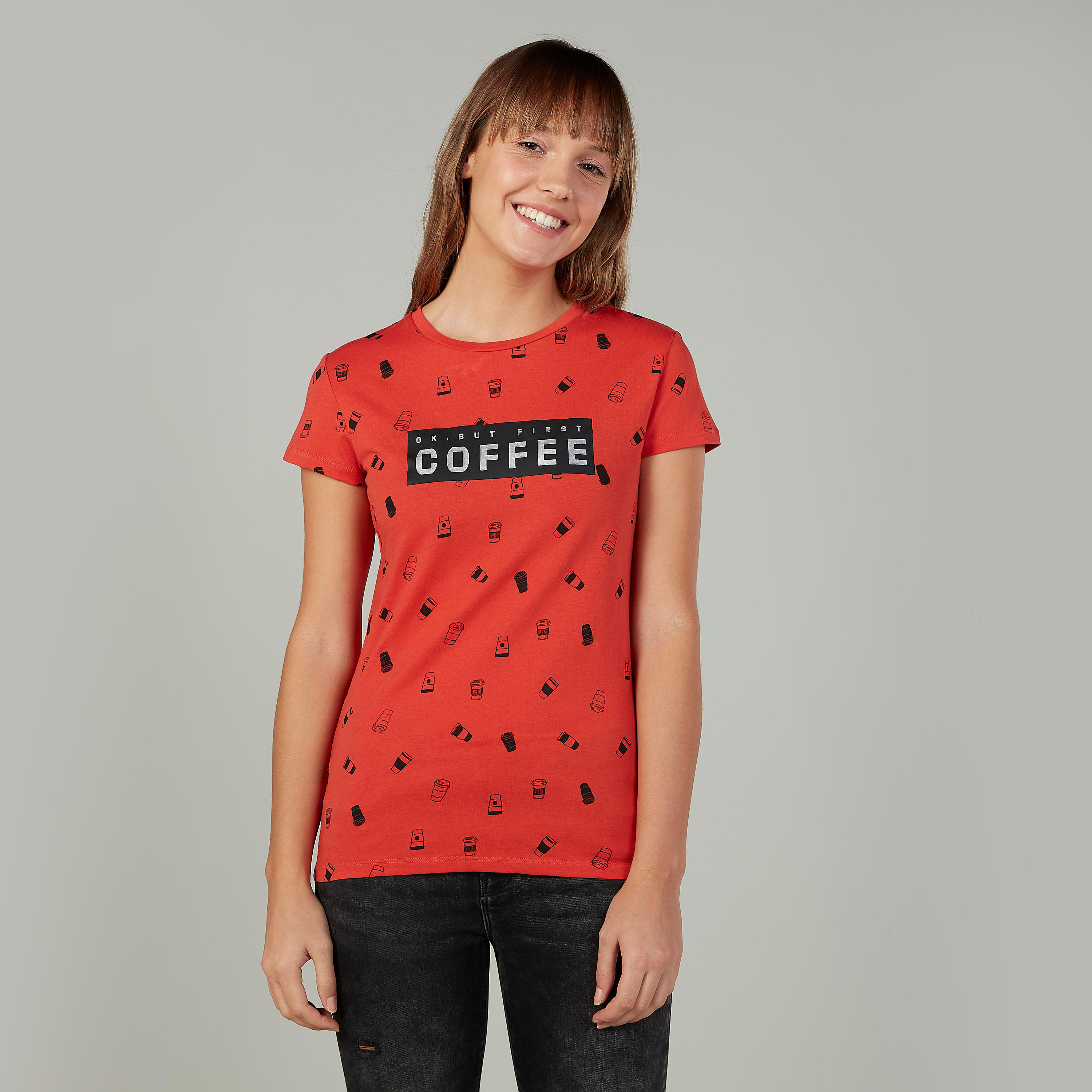 Printed Crew Neck T-shirt with Short Sleeves-women-clothing-tshirts-image-1