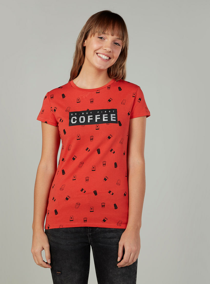 Printed Crew Neck T-shirt with Short Sleeves-women-clothing-tshirts-image-1