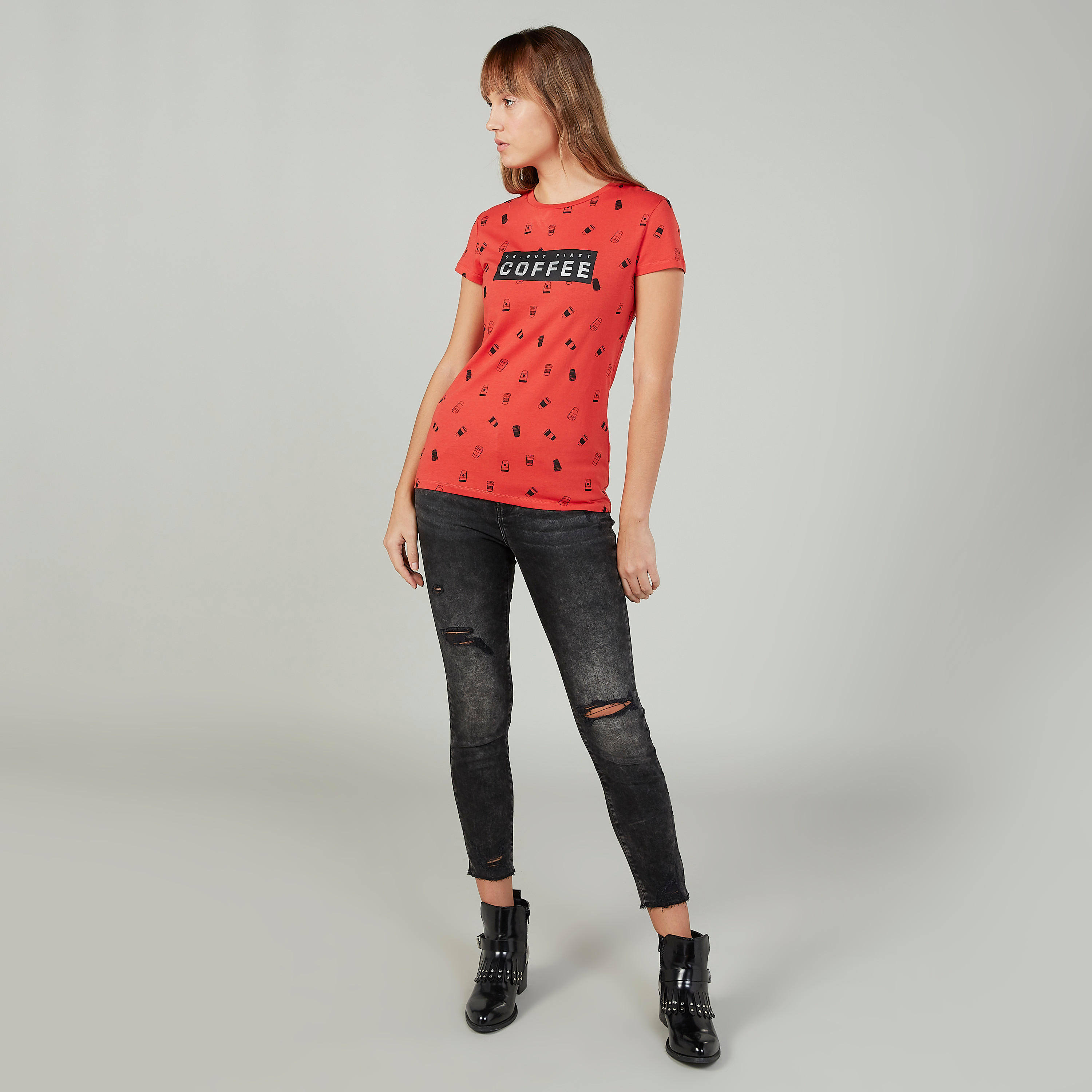 Printed Crew Neck T-shirt with Short Sleeves-women-clothing-tshirts-image-2