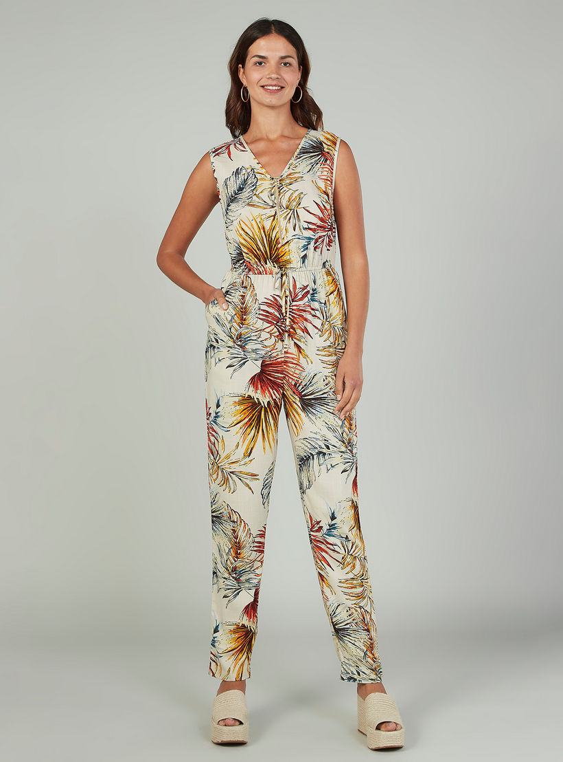 افرول بدون أكمام بطبعة زهور بفتحة رقبة على شكل V وتفاصيل جيب-women-clothing-jumpsuits-image-1