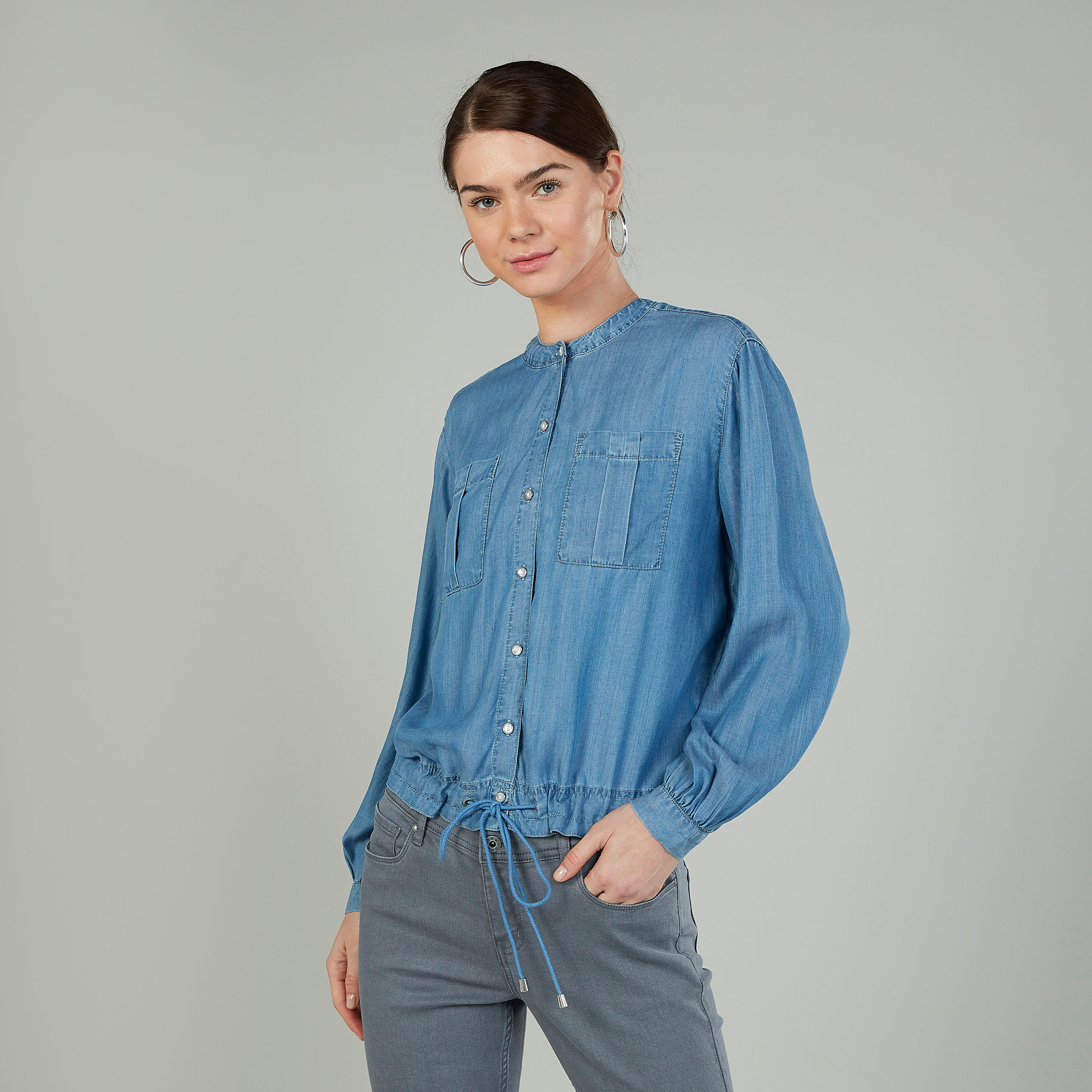 قميص سادة بياقة ماندارين وأكمام طويلة-women-clothing-shirtsandblouses-shirts-image-1