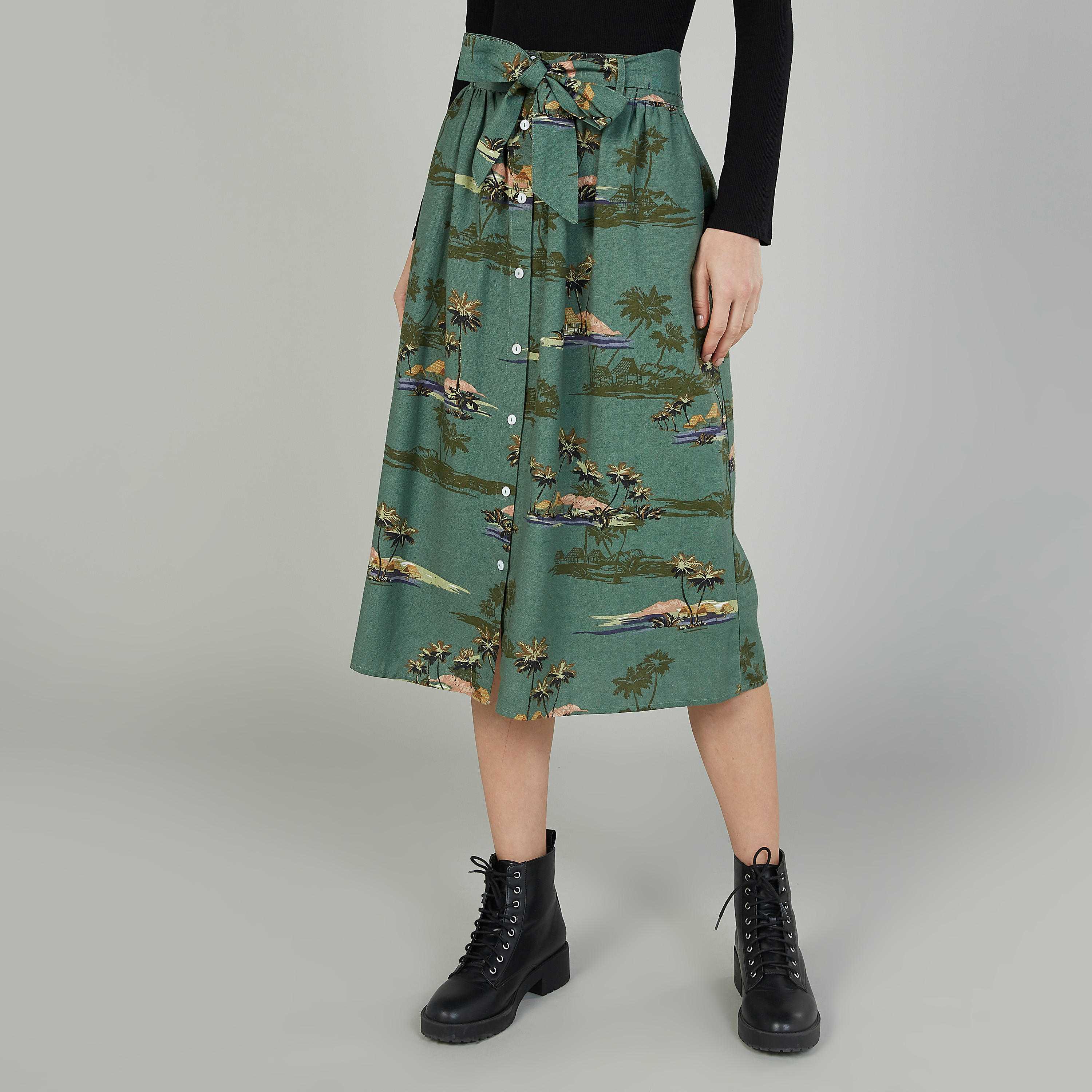 Printed Midi A-line Skirt with Button Detail-women-clothing-bottoms-skirts-image-1