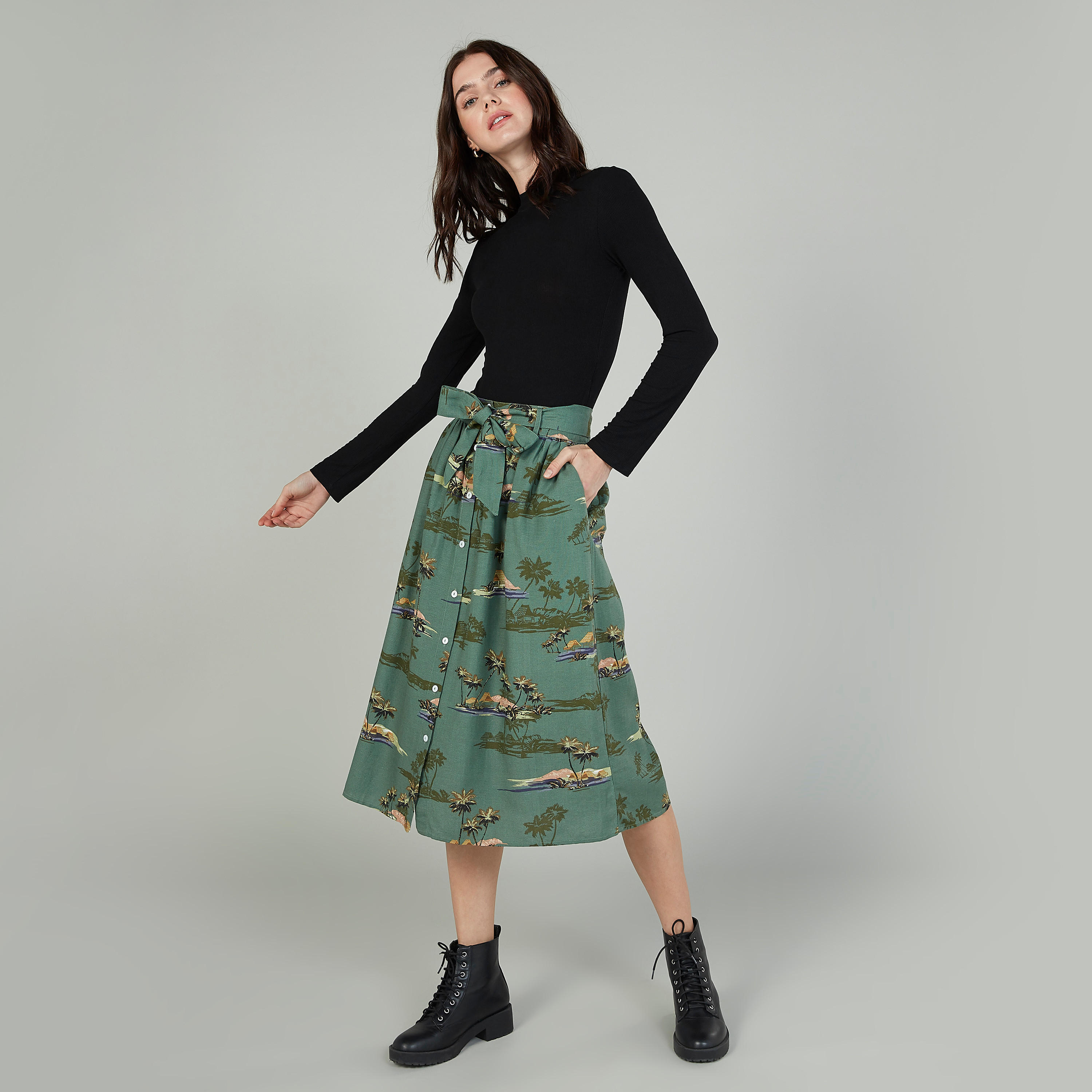 Printed Midi A-line Skirt with Button Detail-women-clothing-bottoms-skirts-image-2