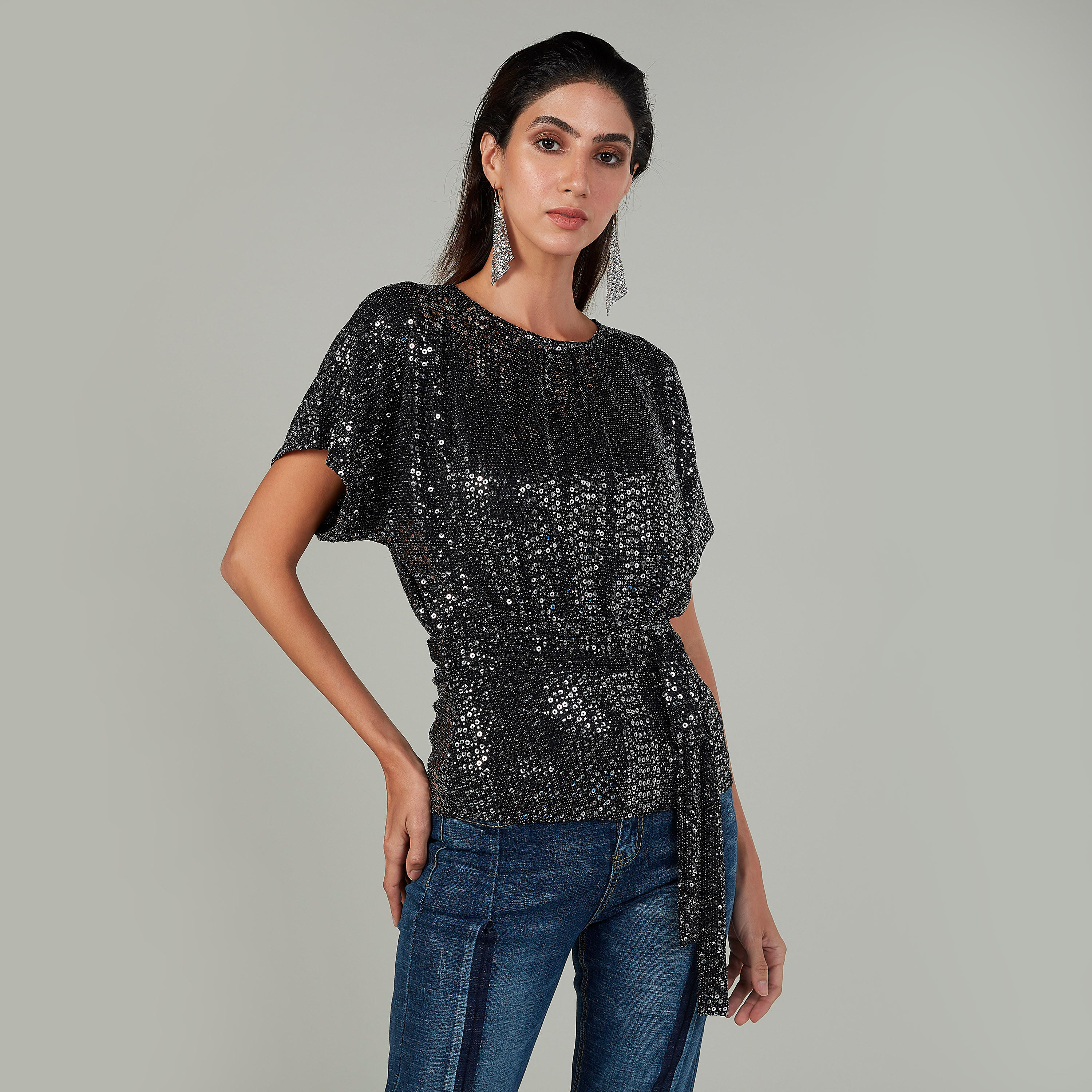 Embellished Top with Round Neck and Short Sleeves-women-clothing-shirtsandblouses-blouses-image-1