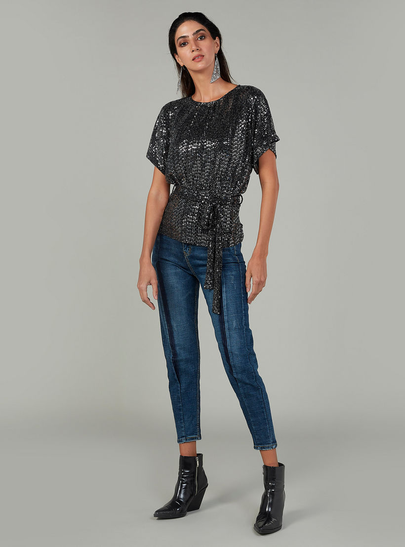 Embellished Top with Round Neck and Short Sleeves-women-clothing-shirtsandblouses-blouses-image-2
