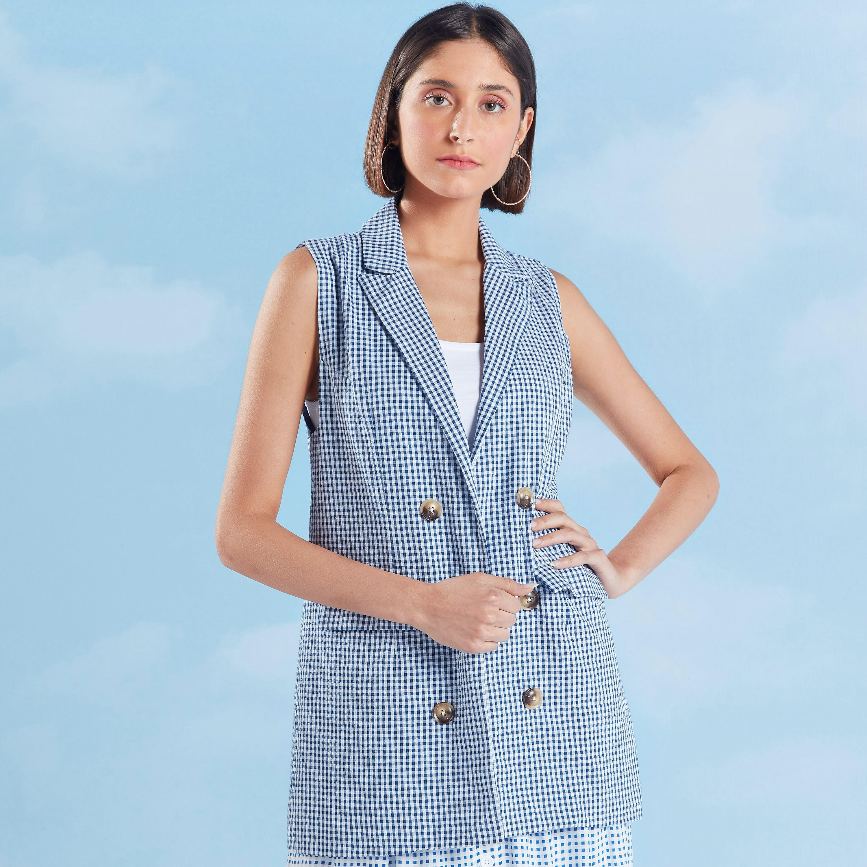 Chequered Jacket with Notched Lapel and Flap Pockets-women-winterwear-coatsandjackets-jackets-image-1