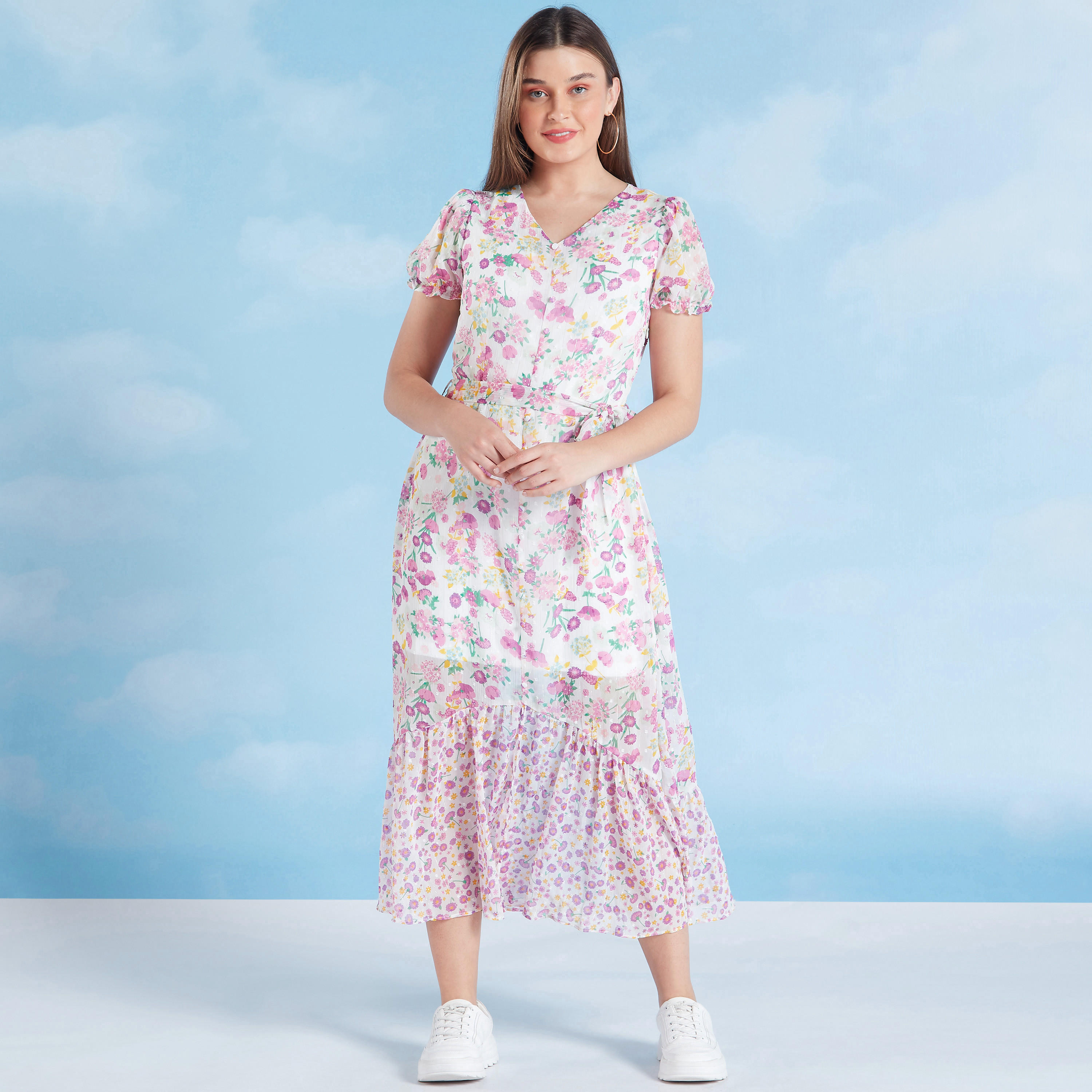 فستان إيه لاين متوسّط الطّول بطبعات مع ياقة V وأربطة-women-clothing-dresses-image-1