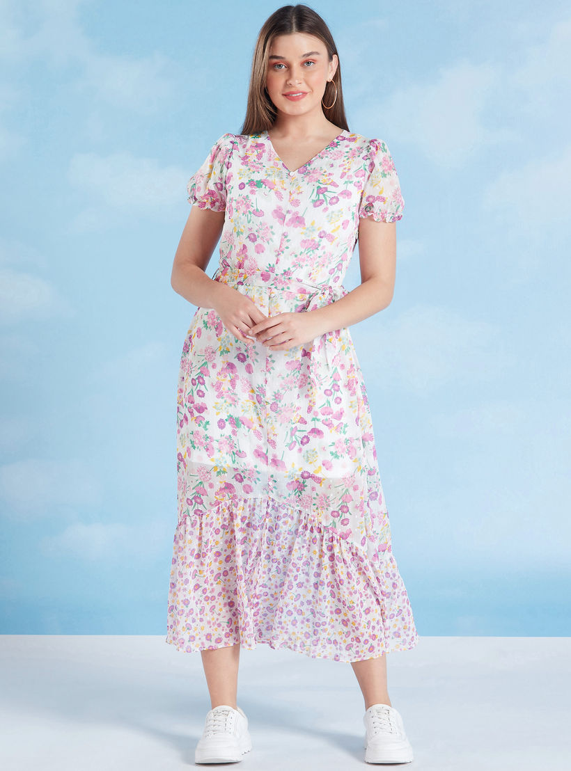 فستان إيه لاين متوسّط الطّول بطبعات مع ياقة V وأربطة-women-clothing-dresses-image-1