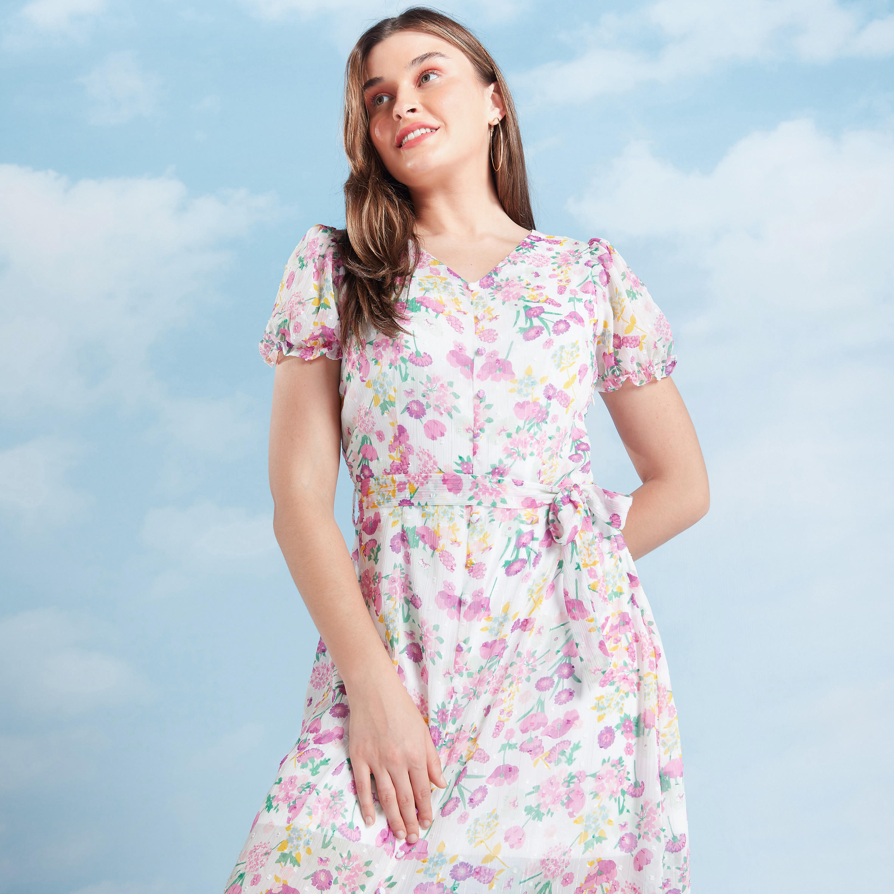 فستان إيه لاين متوسّط الطّول بطبعات مع ياقة V وأربطة-women-clothing-dresses-image-2