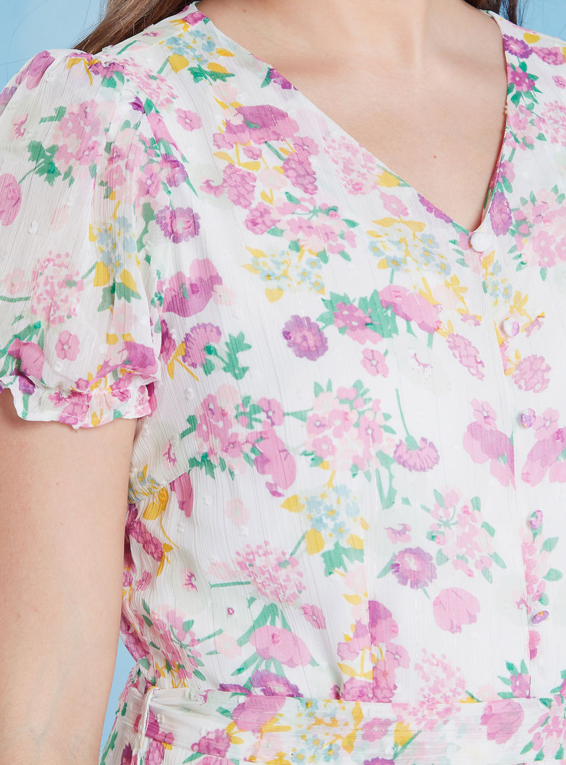 فستان إيه لاين متوسّط الطّول بطبعات مع ياقة V وأربطة-women-clothing-dresses-image-3