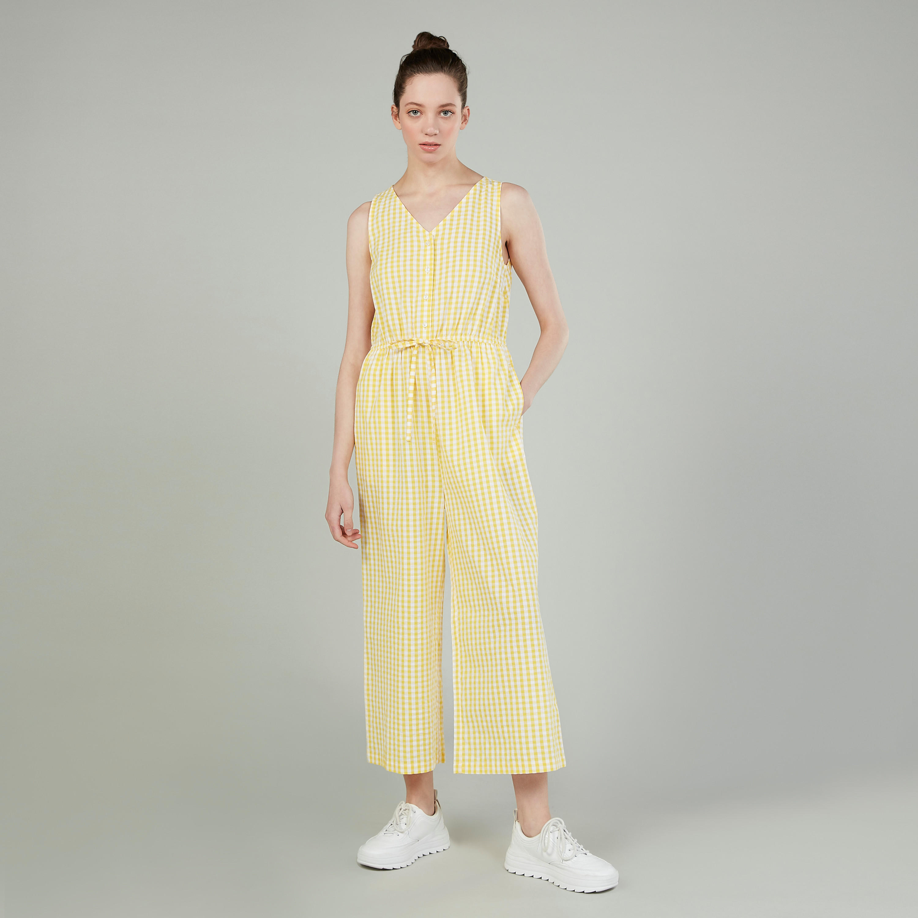 Chequered Sleeveless Jumpsuit with Pocket Detail and Tie Ups-women-clothing-jumpsuits-image-1