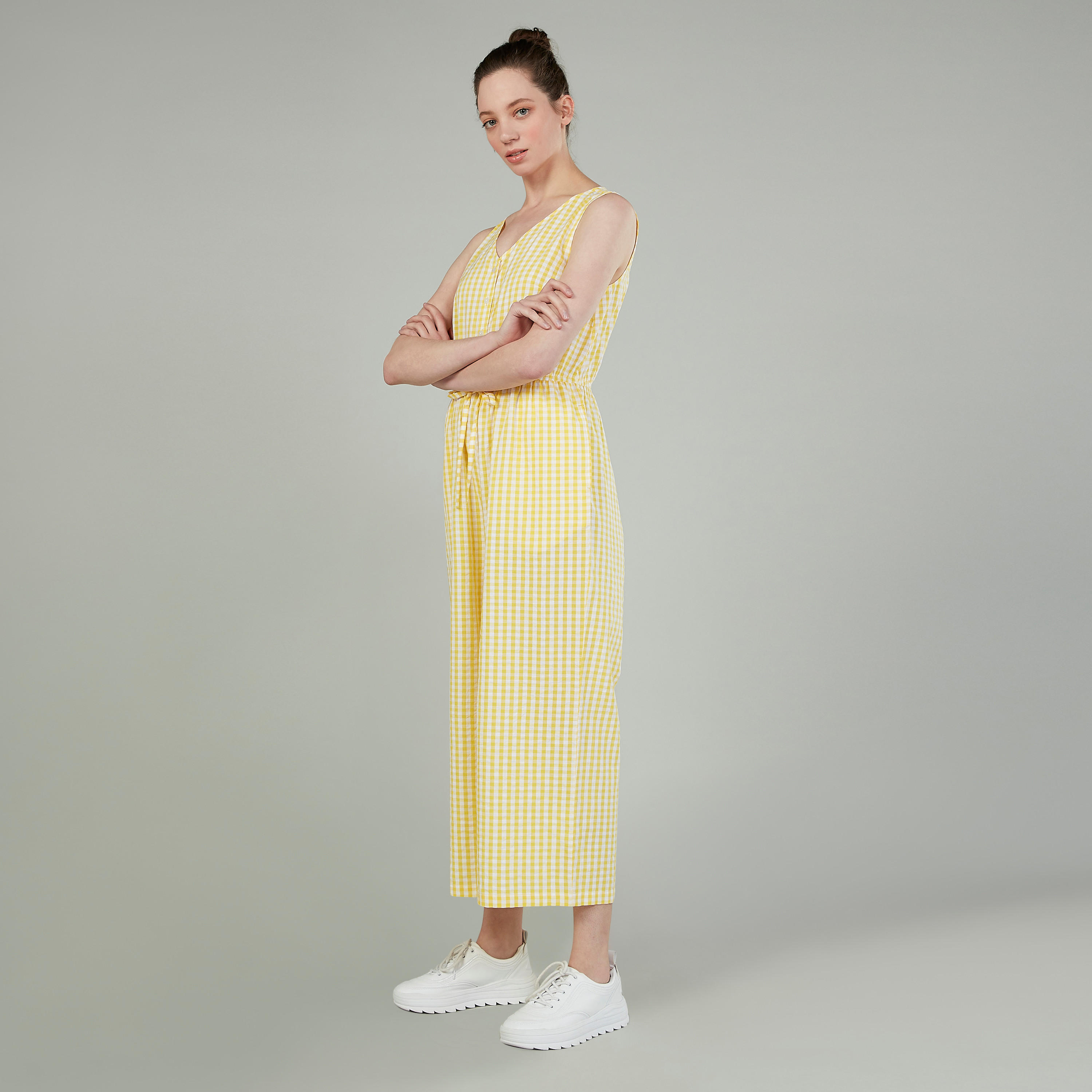 Chequered Sleeveless Jumpsuit with Pocket Detail and Tie Ups-women-clothing-jumpsuits-image-2