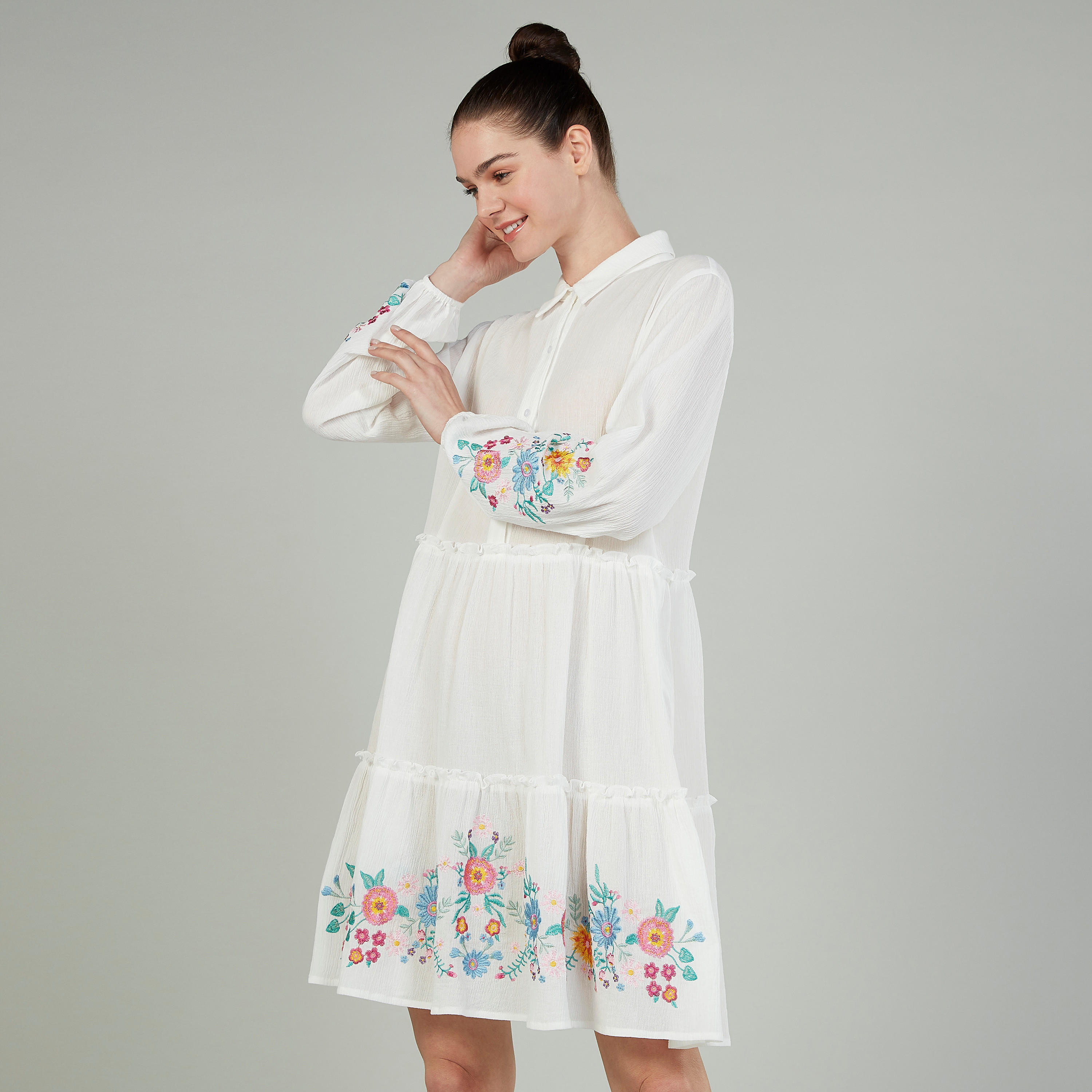 Embroidered Mini Dress with Spread Collar and Long Sleeves-women-clothing-dresses-image-1