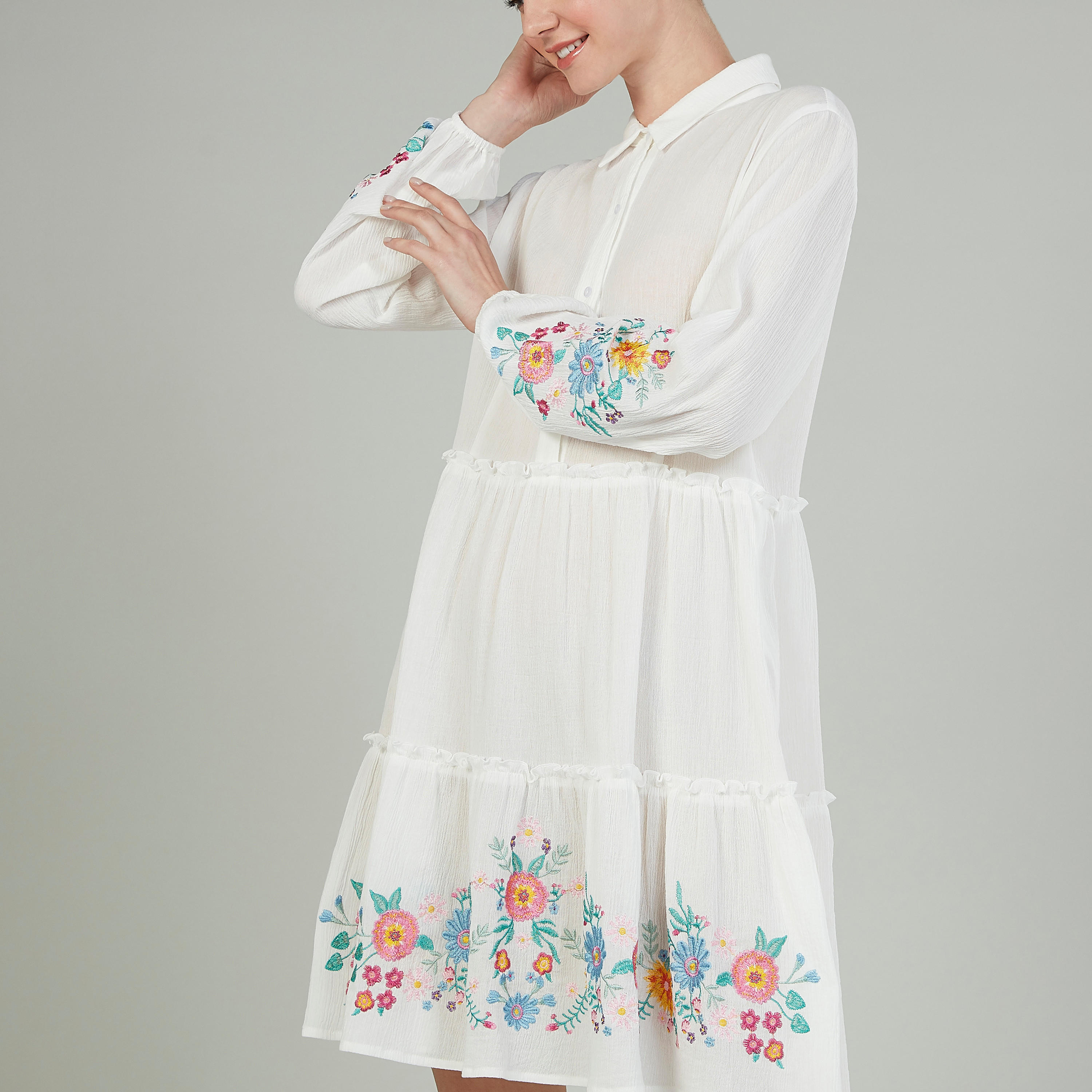 Embroidered Mini Dress with Spread Collar and Long Sleeves-women-clothing-dresses-image-3