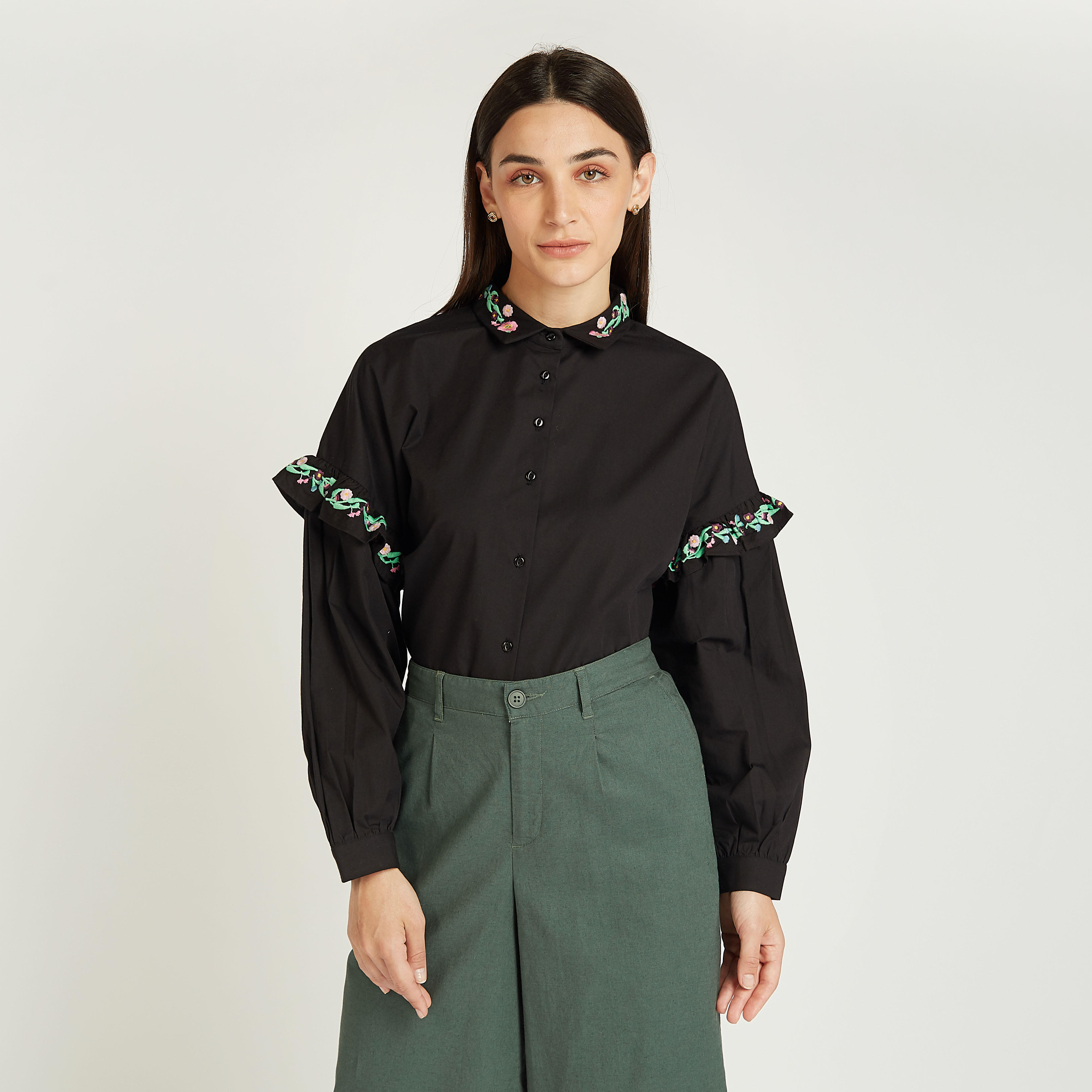 قميص سادة بأكمام طويلة وتفاصيل مطرزة بكشكش-women-clothing-shirtsandblouses-shirts-image-4