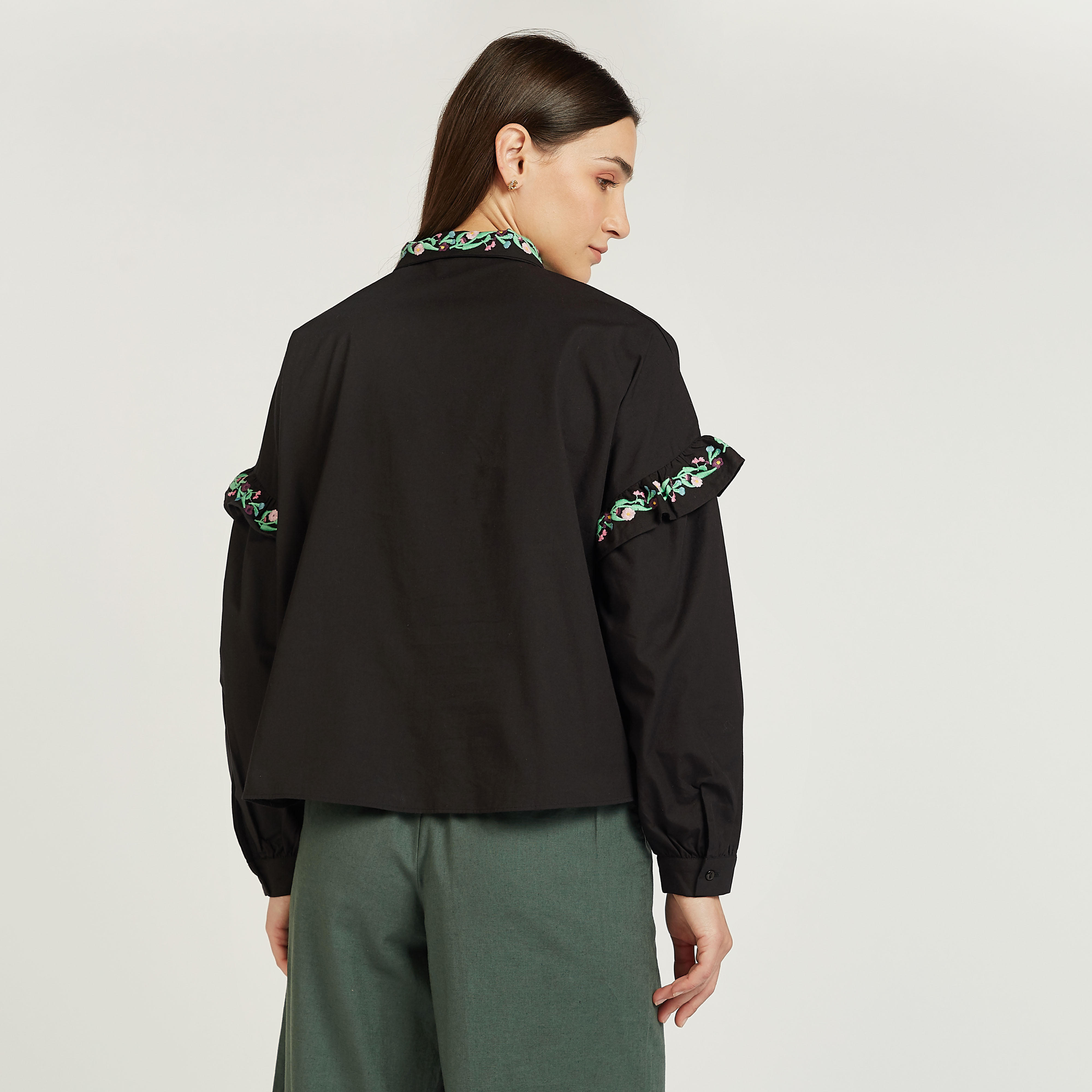 قميص سادة بأكمام طويلة وتفاصيل مطرزة بكشكش-women-clothing-shirtsandblouses-shirts-image-1