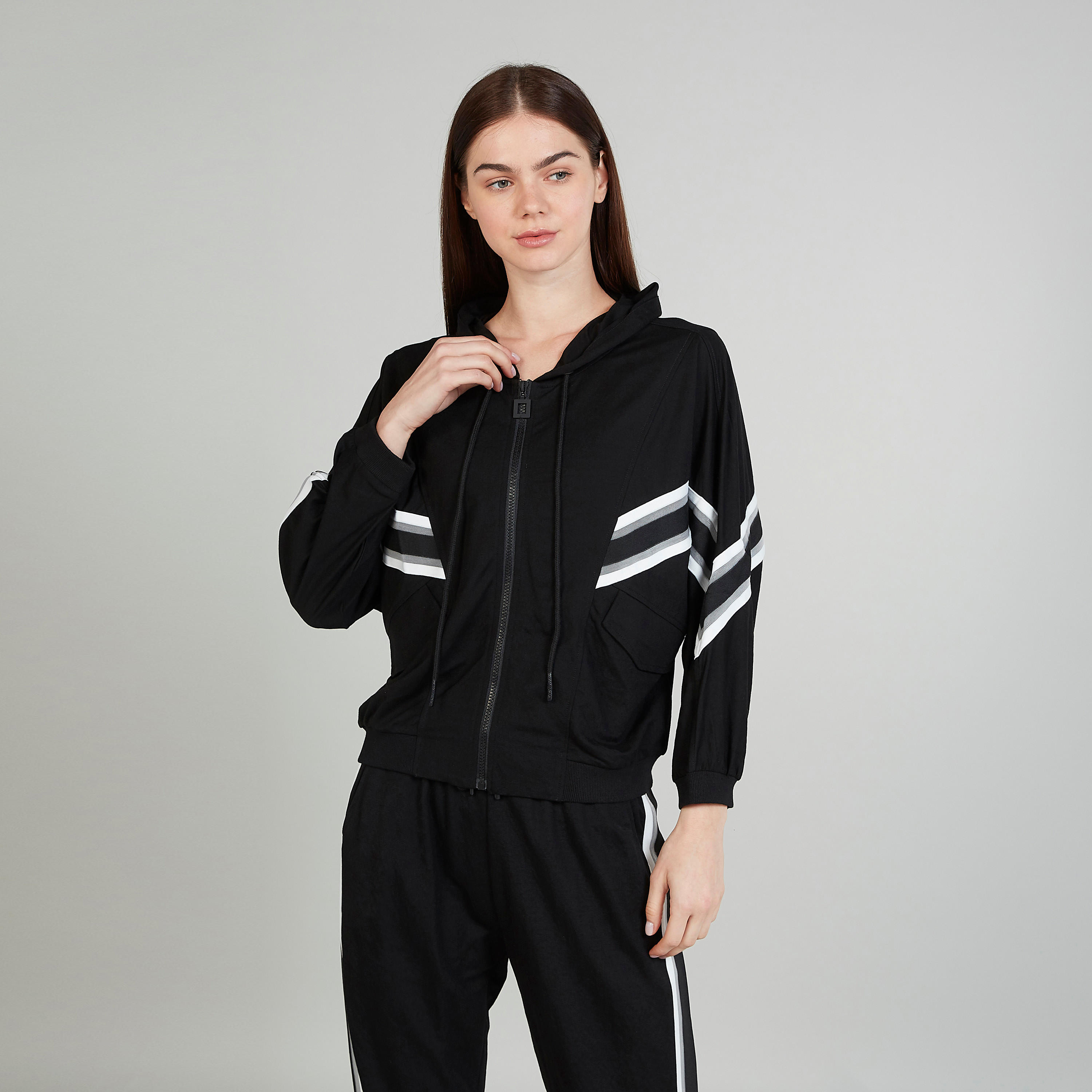 Striped Bomber Jacket with Long Sleeves and Hood-women-winterwear-coatsandjackets-jackets-image-1