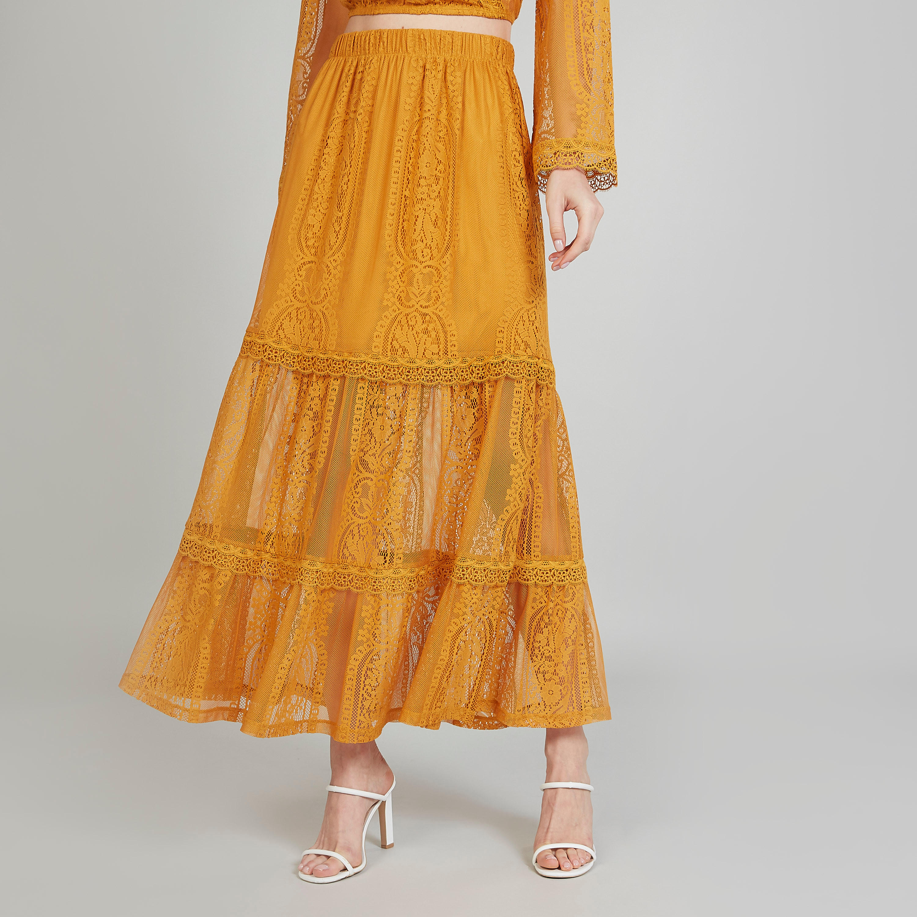 تنورة طويلة إيه لاين دانتيل بخصر مطّاطي-women-clothing-bottoms-skirts-image-4