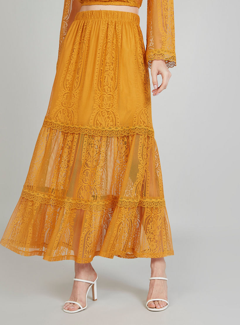 تنورة طويلة إيه لاين دانتيل بخصر مطّاطي-women-clothing-bottoms-skirts-image-4