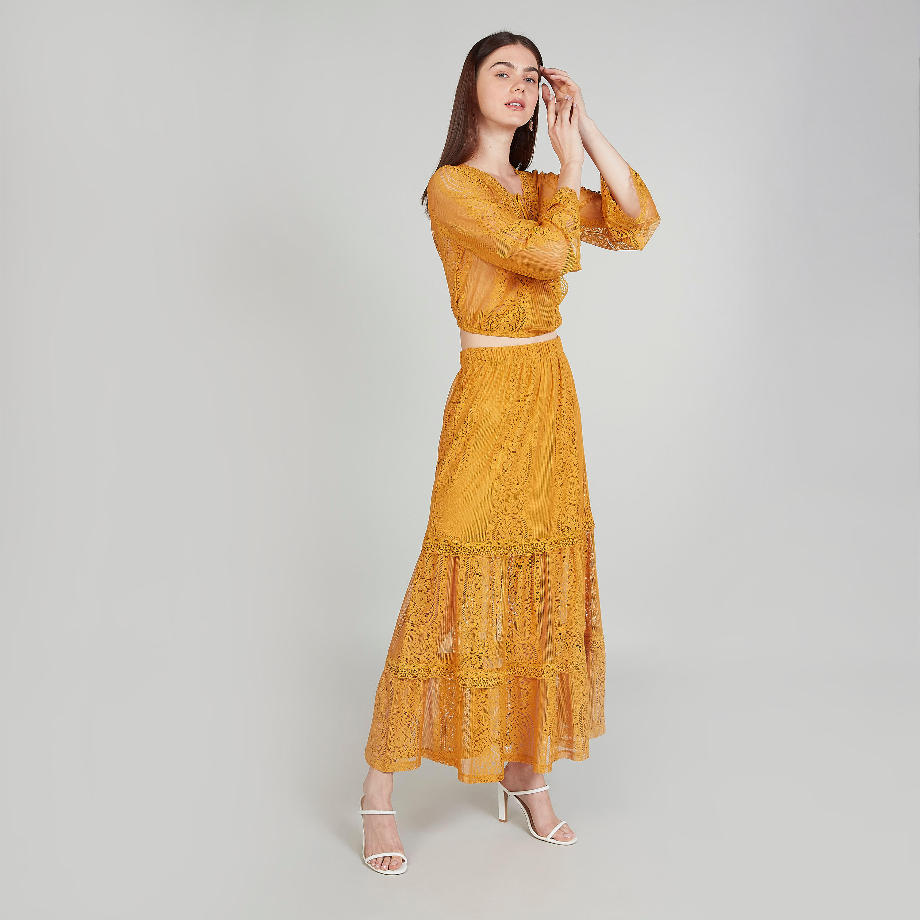 تنورة طويلة إيه لاين دانتيل بخصر مطّاطي-women-clothing-bottoms-skirts-image-3