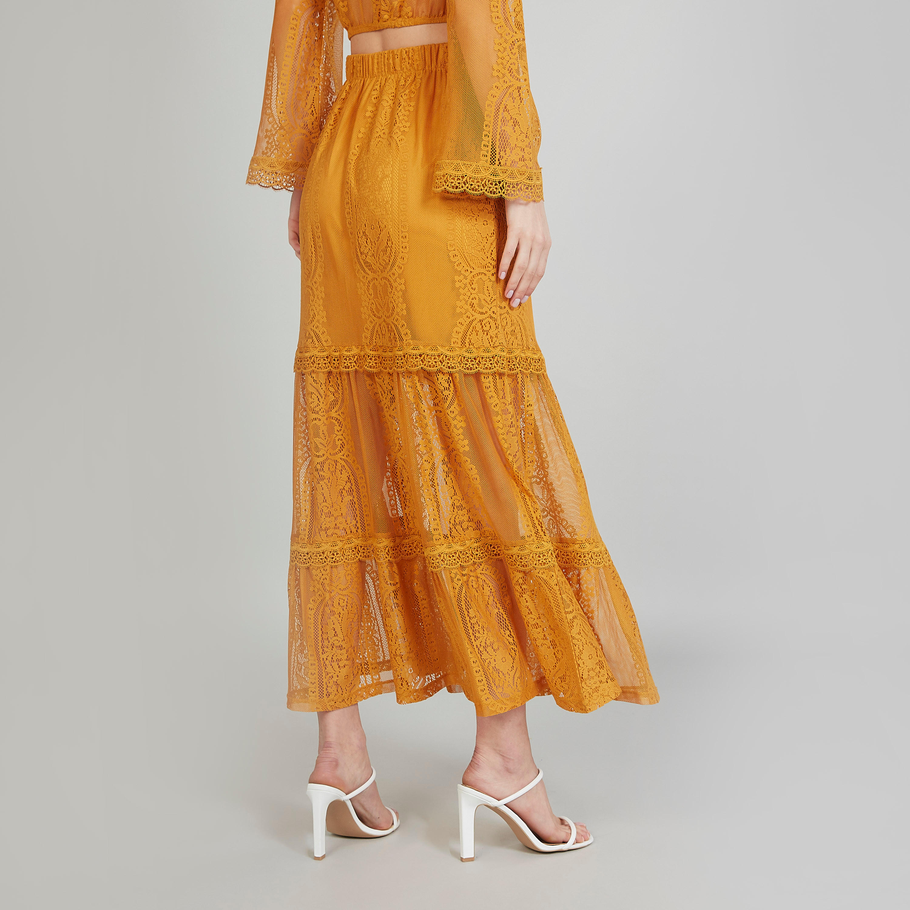تنورة طويلة إيه لاين دانتيل بخصر مطّاطي-women-clothing-bottoms-skirts-image-1
