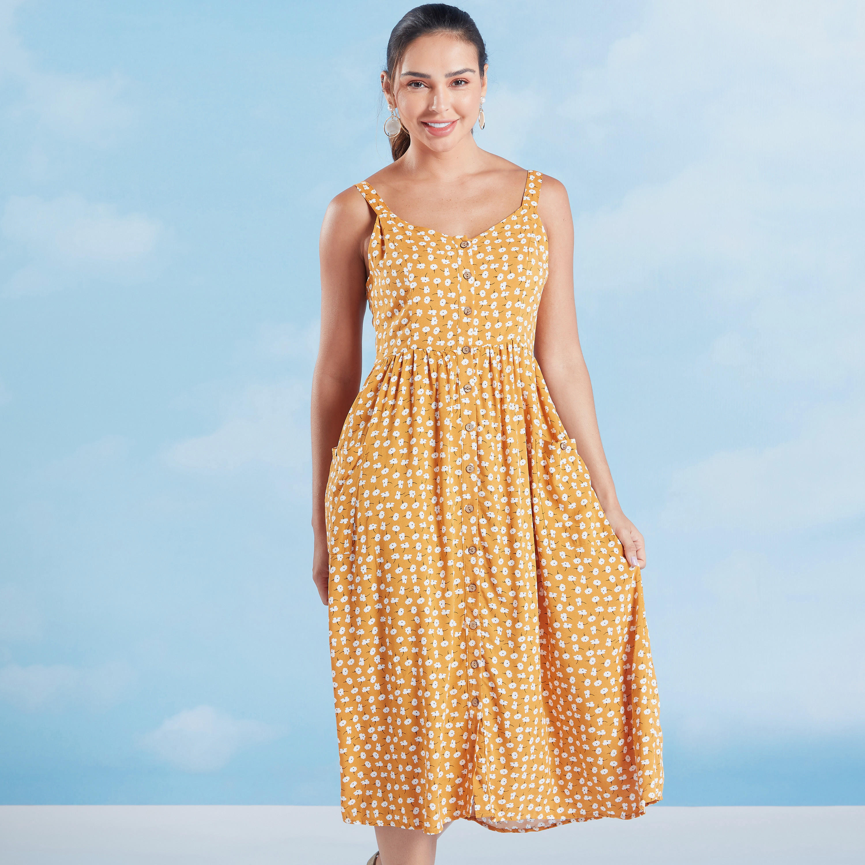 فستان ميدي ايه لاين بحمالات وطبعات-women-clothing-dresses-image-1