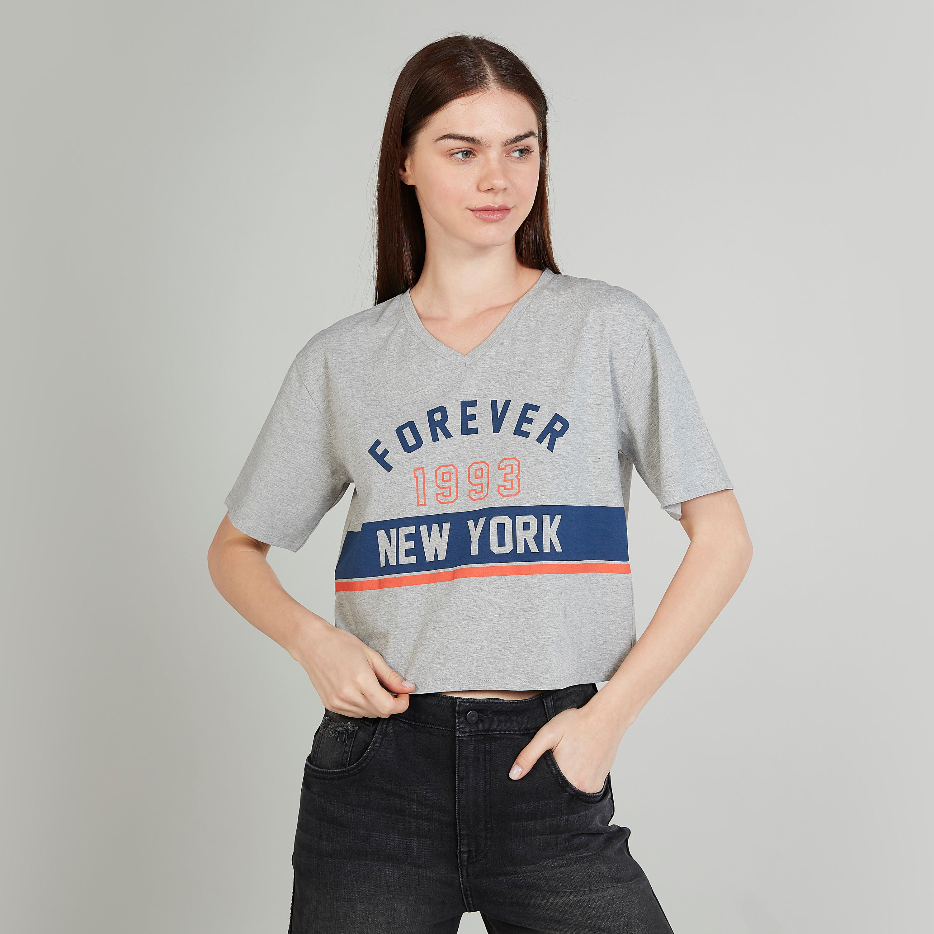 Printed Crop T-shirt with V-neck and Short Sleeves-women-clothing-tshirts-image-1