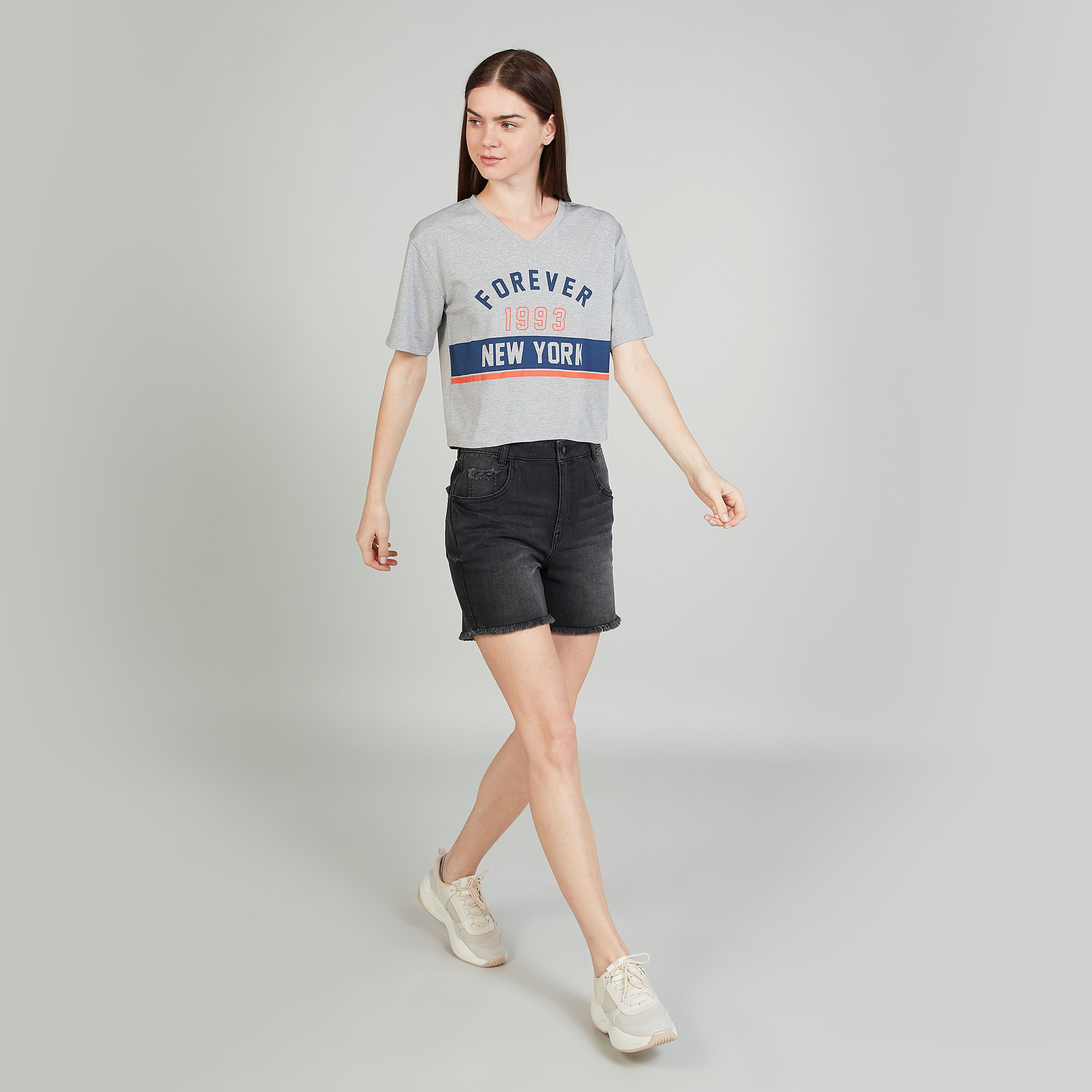 Printed Crop T-shirt with V-neck and Short Sleeves-women-clothing-tshirts-image-2