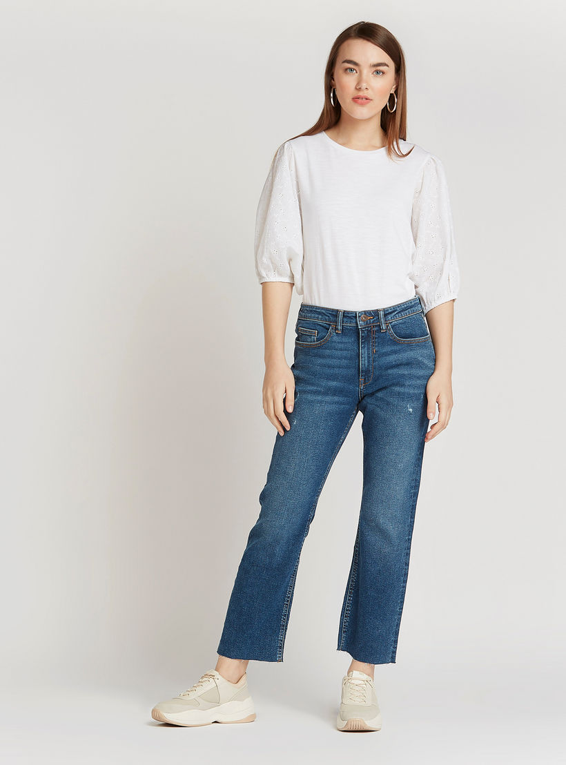 بلوزة سادة بياقة ضيقة وأكمام 3/4 بيشوب-women-clothing-tshirts-image-5