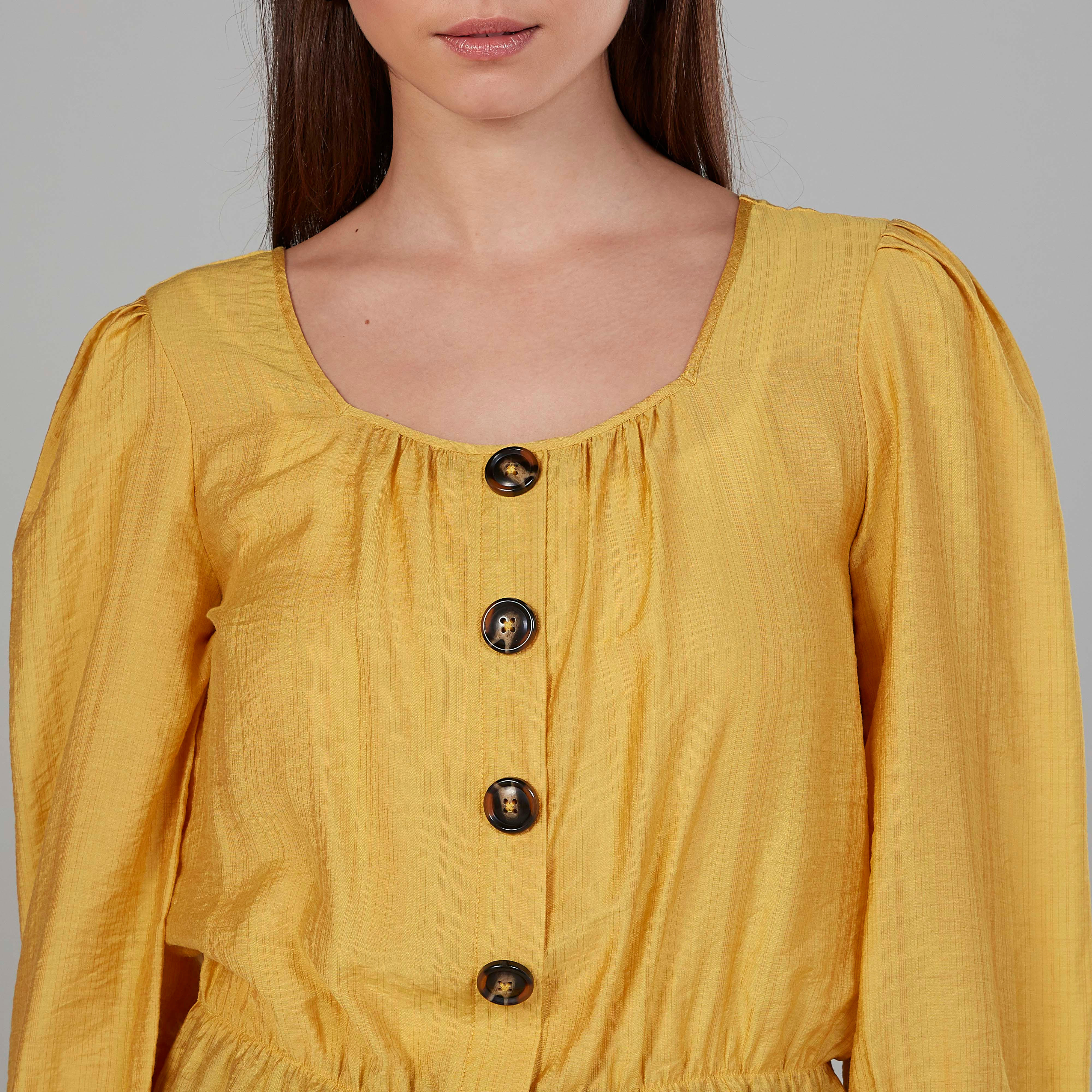 بلوزة منسوجة بارزة الملمس بياقة عميقة وأكمام 3/4-women-clothing-shirtsandblouses-blouses-image-3