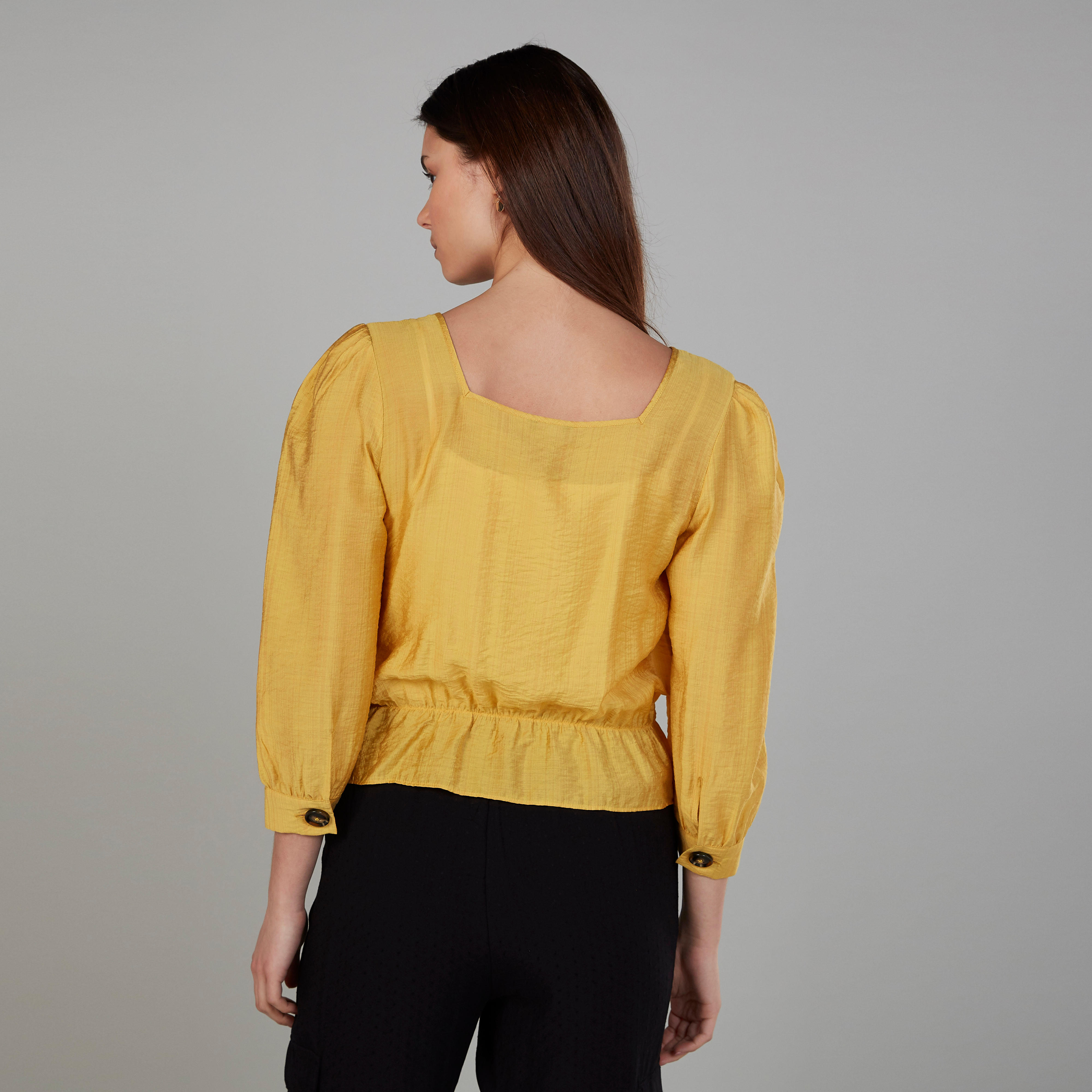 بلوزة منسوجة بارزة الملمس بياقة عميقة وأكمام 3/4-women-clothing-shirtsandblouses-blouses-image-4