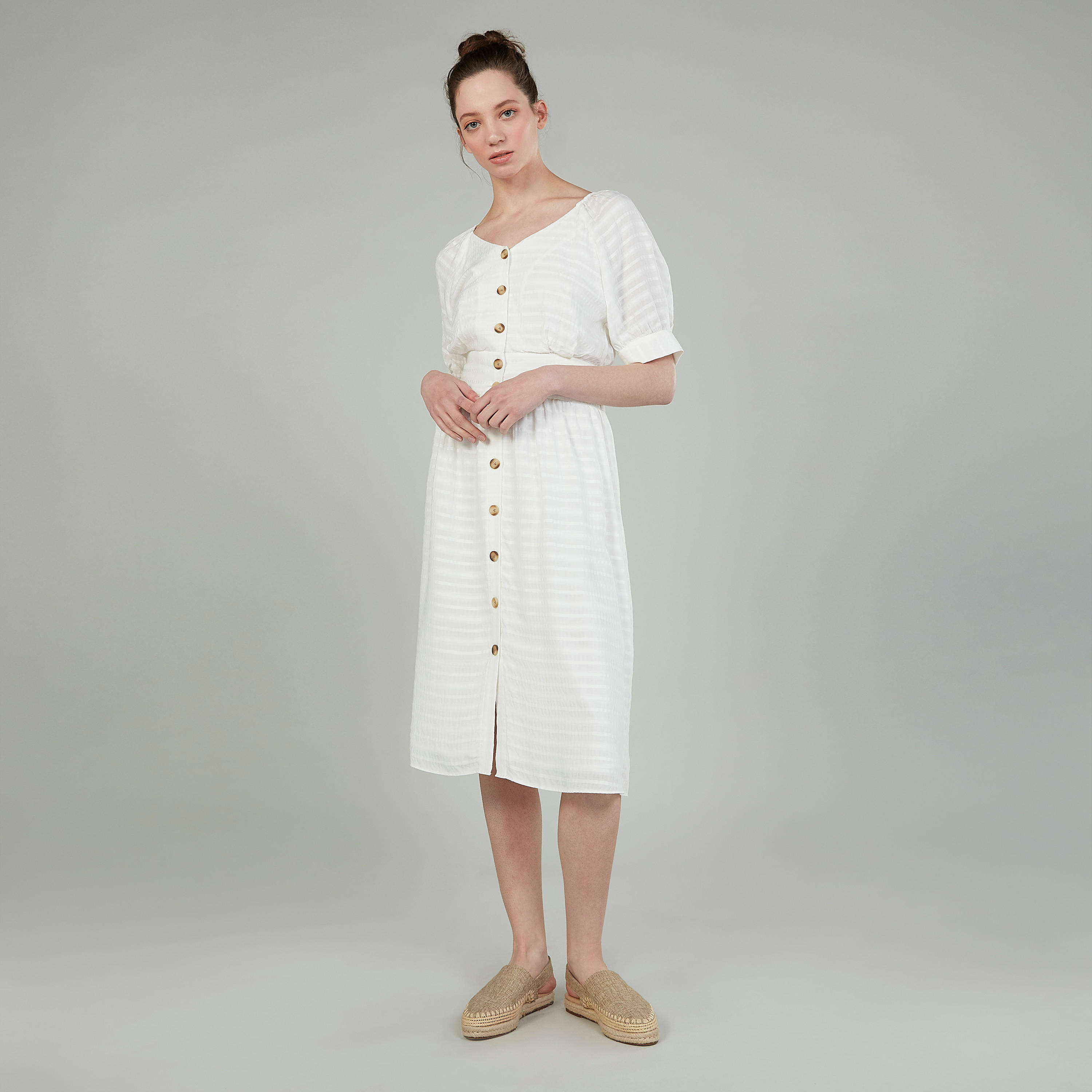 فستان بارز الملمس متوسط الطول ايه لاين بياقة V وأكمام قصيرة-women-clothing-dresses-image-1