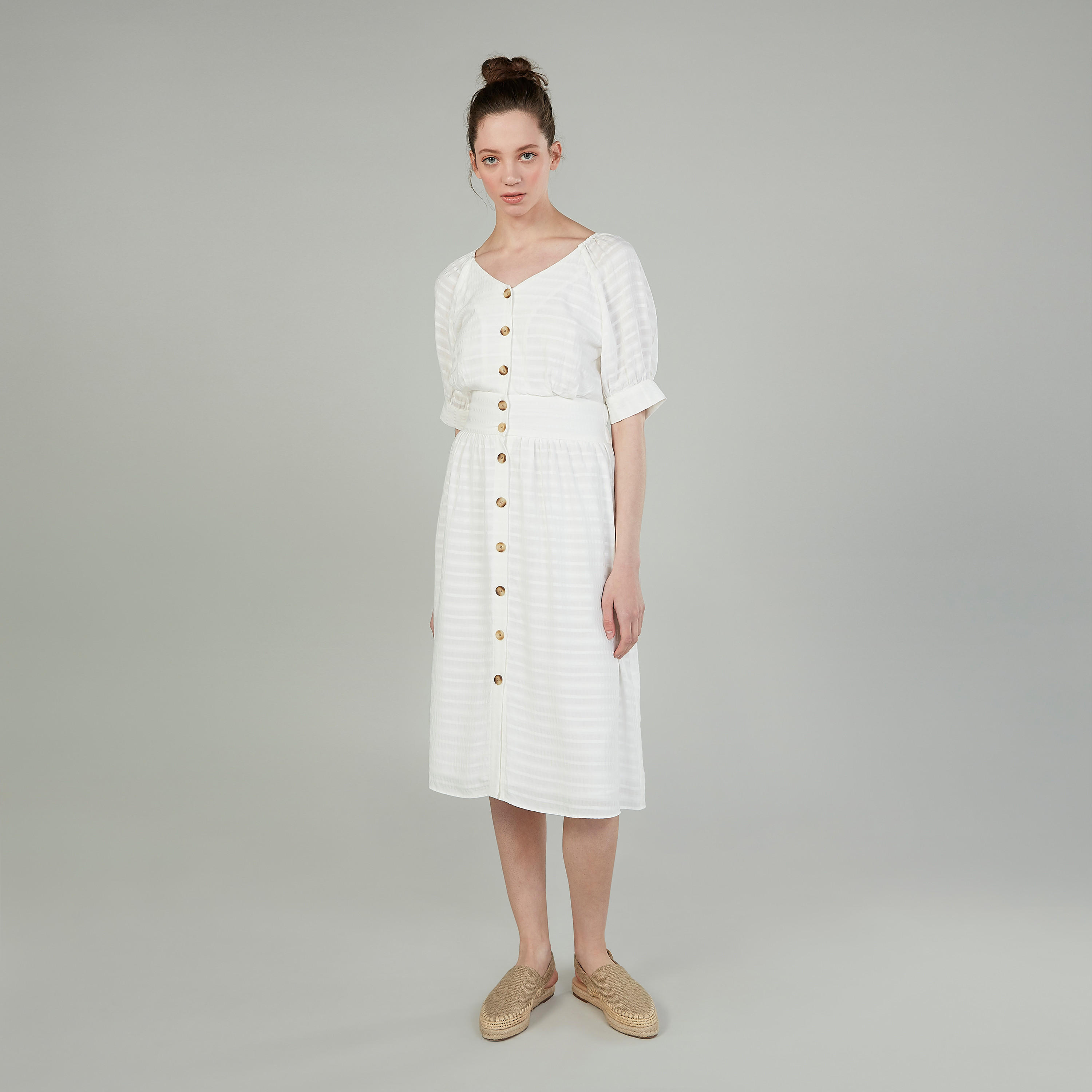 فستان بارز الملمس متوسط الطول ايه لاين بياقة V وأكمام قصيرة-women-clothing-dresses-image-2