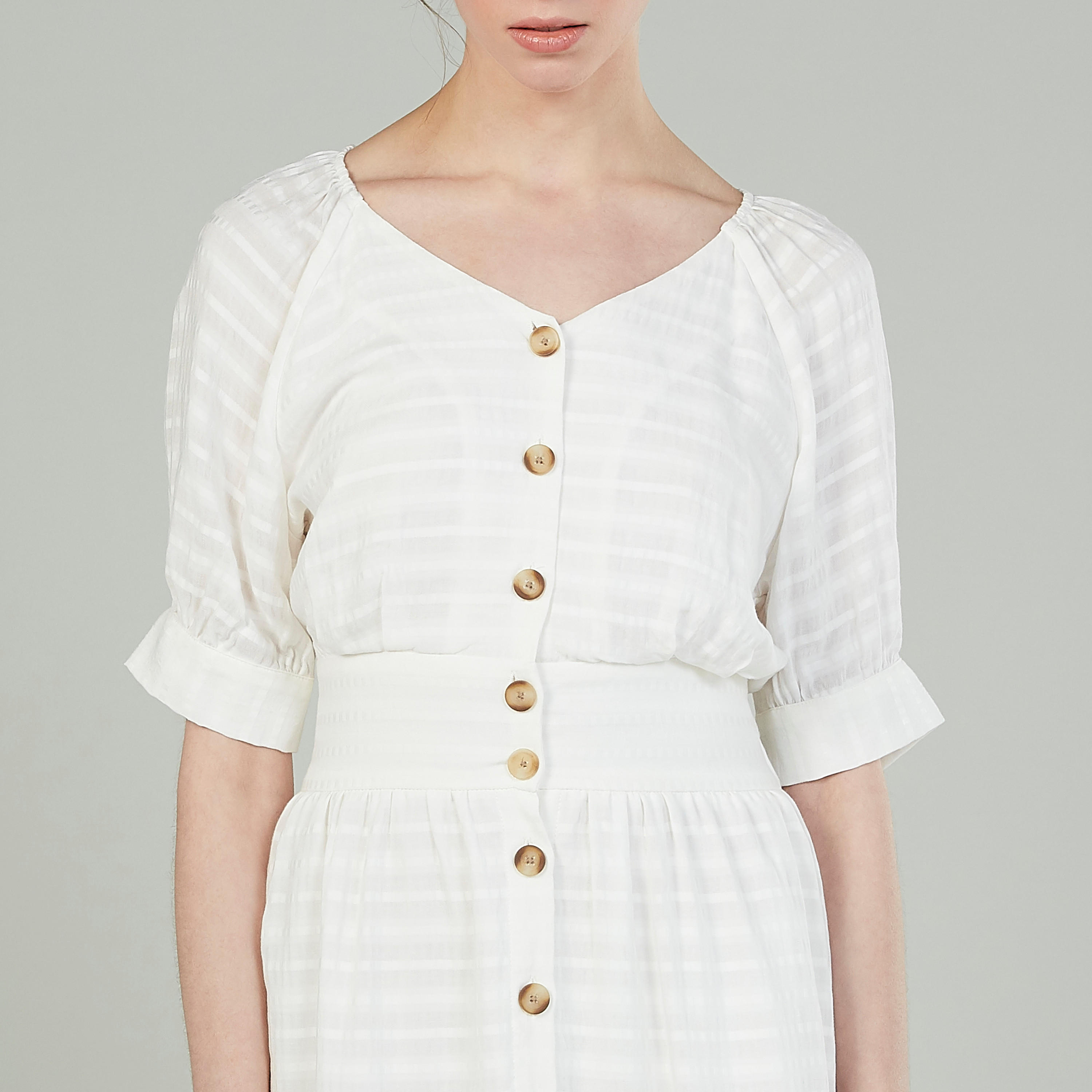 فستان بارز الملمس متوسط الطول ايه لاين بياقة V وأكمام قصيرة-women-clothing-dresses-image-3