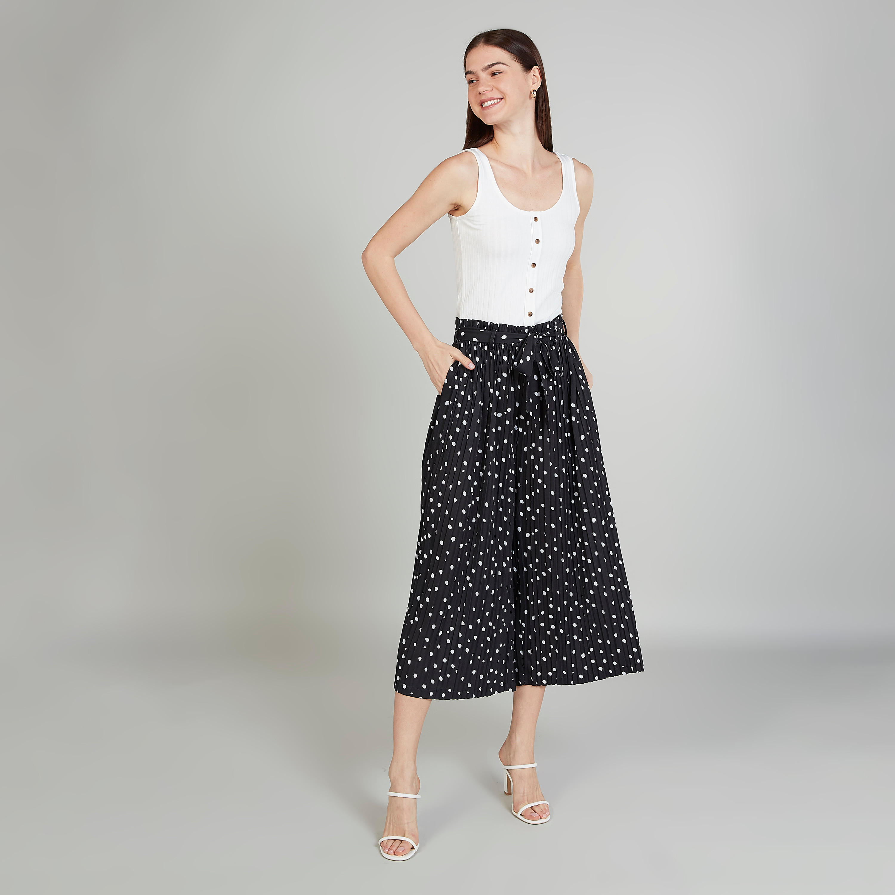 Polka Dot Mid-Rise Culottes with Paper Bag Waist and Pocket Detail-women-clothing-bottoms-trousers-image-2