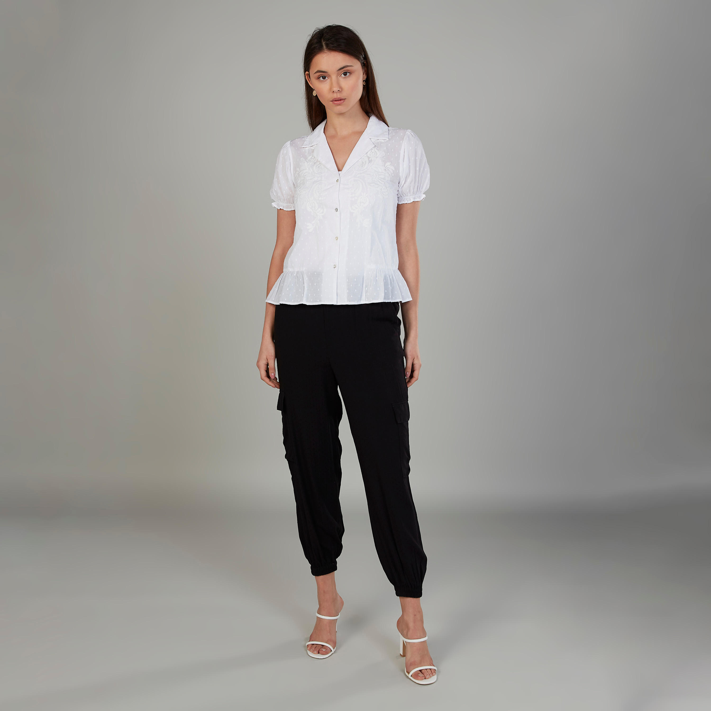 بنطلون بارز الملمس بخصر مطّاطي متوسط الارتفاع وحزام-women-clothing-bottoms-joggers-image-2